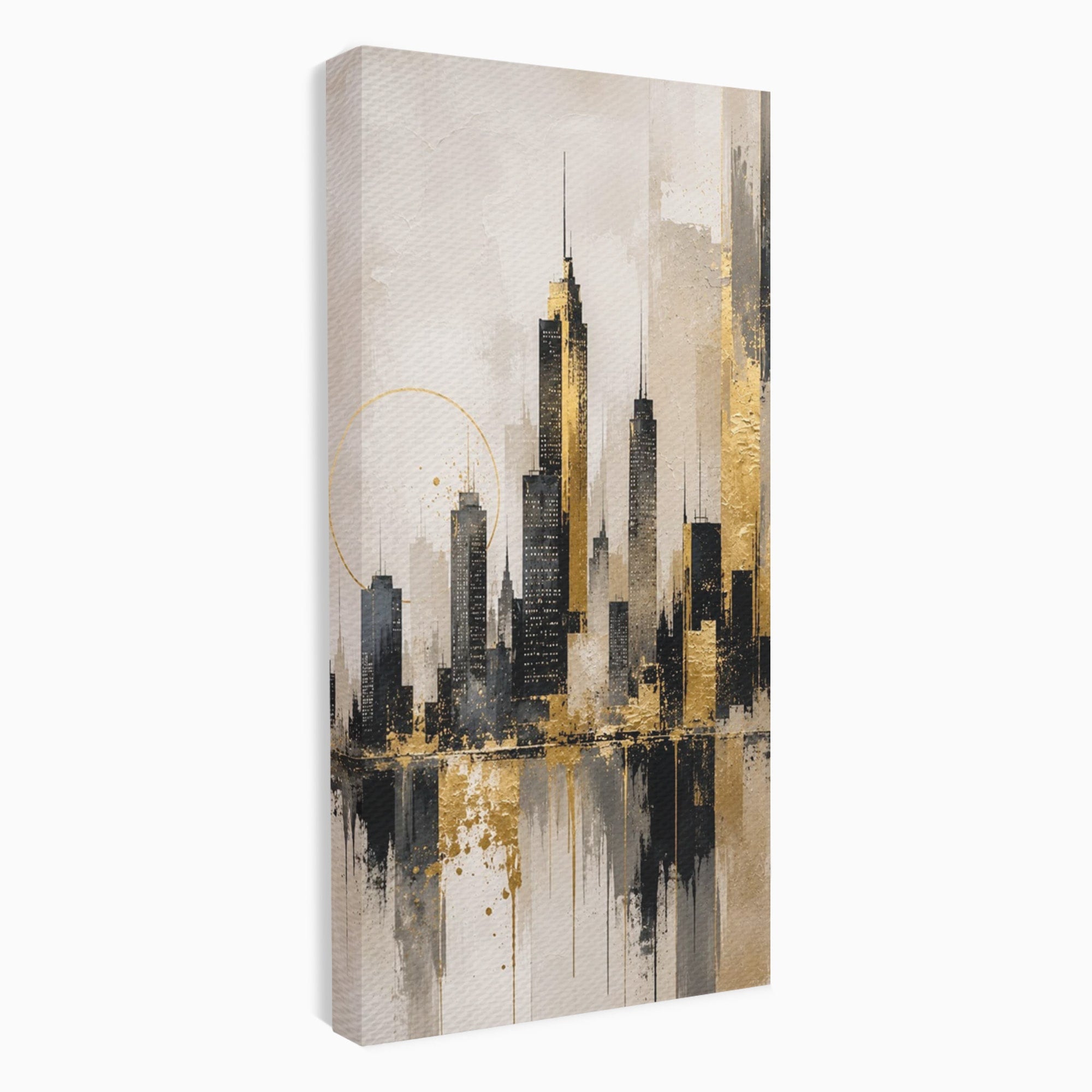 Tablou Canvas Premium LuxCanva® PI1379, Reflexia Orasului In Aur, Oras, Peisaj Urban, Contemporan, Abstract, Culori Vibrante, Living, Dormitor