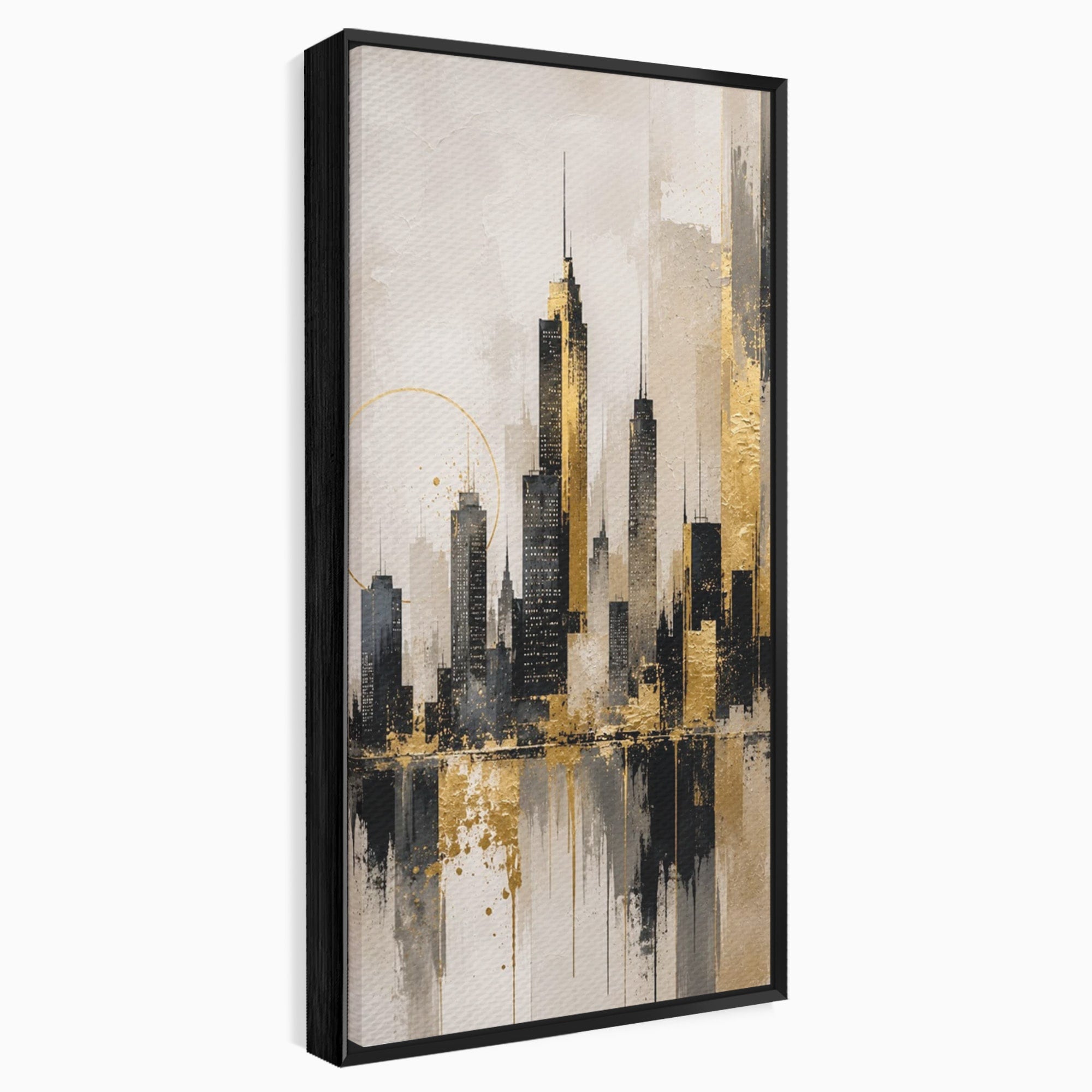 Tablou Canvas Premium LuxCanva® PI1379, Reflexia Orasului In Aur, Oras, Peisaj Urban, Contemporan, Abstract, Culori Vibrante, Living, Dormitor
