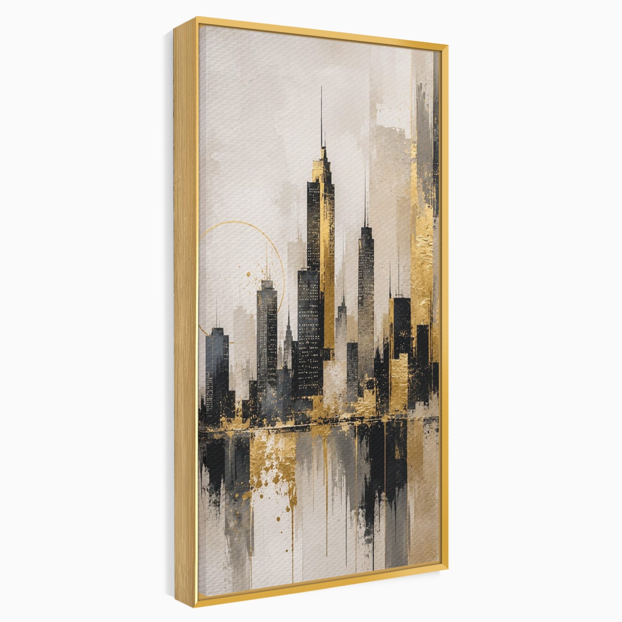Tablou Canvas Premium LuxCanva® PI1379, Reflexia Orasului In Aur, Oras, Peisaj Urban, Contemporan, Abstract, Culori Vibrante, Living, Dormitor