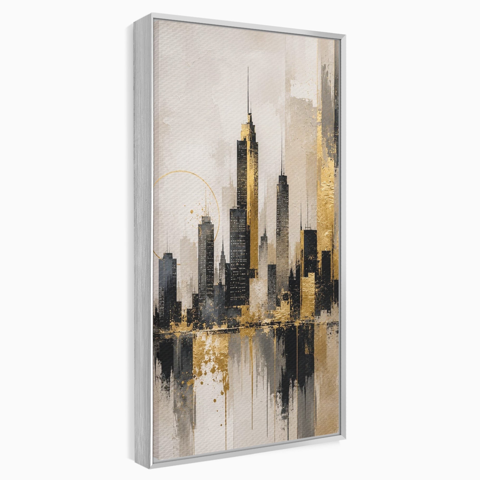 Tablou Canvas Premium LuxCanva® PI1379, Reflexia Orasului In Aur, Oras, Peisaj Urban, Contemporan, Abstract, Culori Vibrante, Living, Dormitor
