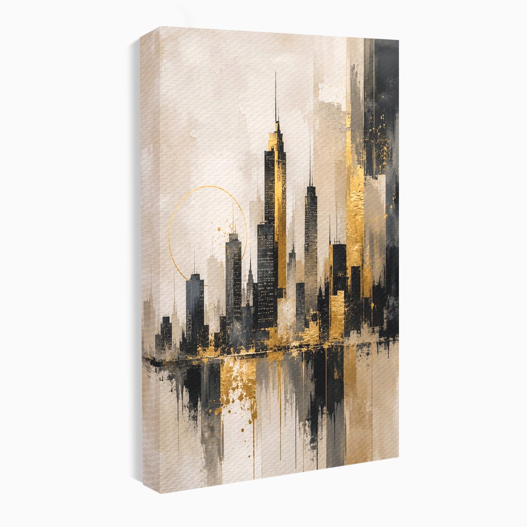 Tablou Canvas Premium LuxCanva® PI1379, Reflexia Orasului In Aur, Oras, Peisaj Urban, Contemporan, Abstract, Culori Vibrante, Living, Dormitor