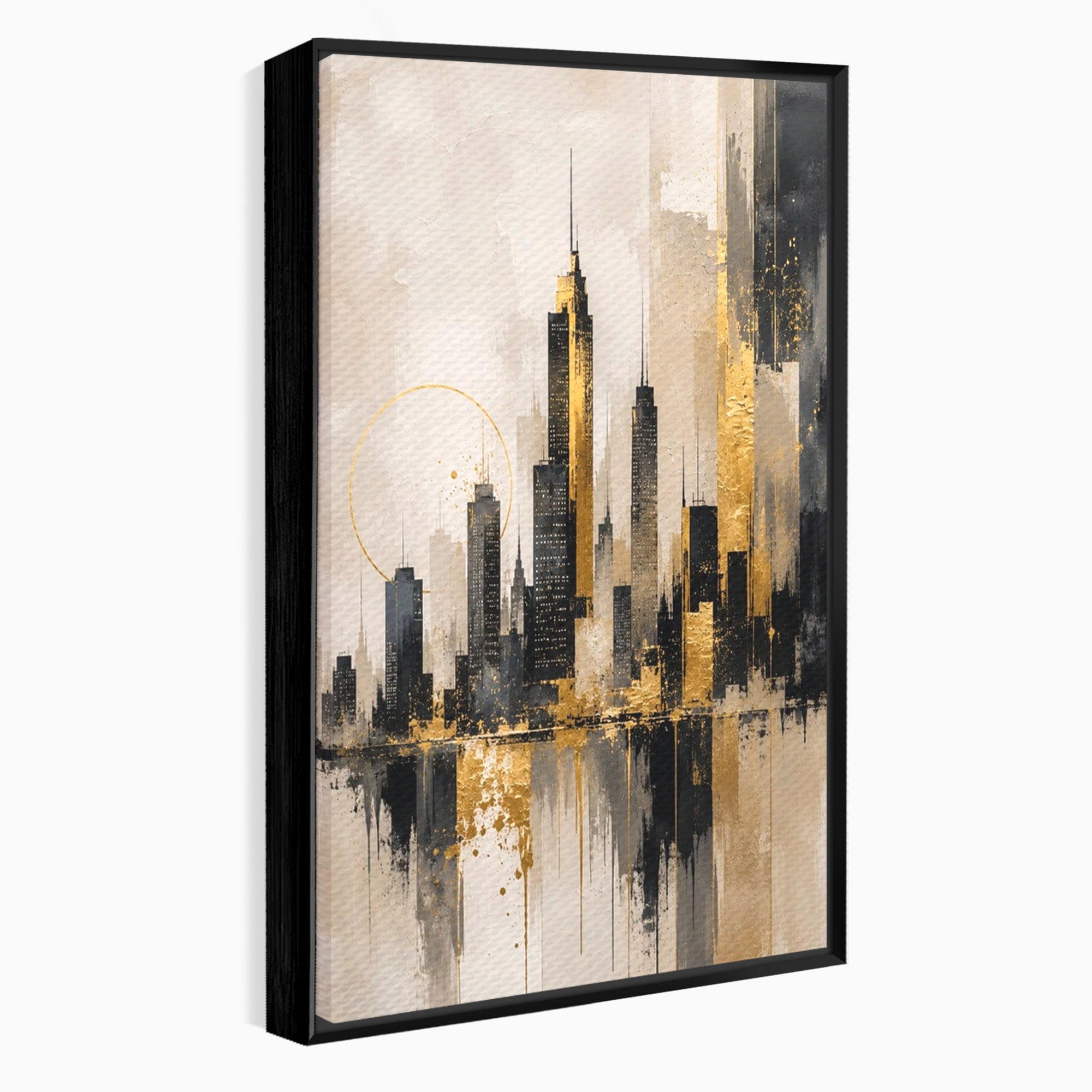 Tablou Canvas Premium LuxCanva® PI1379, Reflexia Orasului In Aur, Oras, Peisaj Urban, Contemporan, Abstract, Culori Vibrante, Living, Dormitor