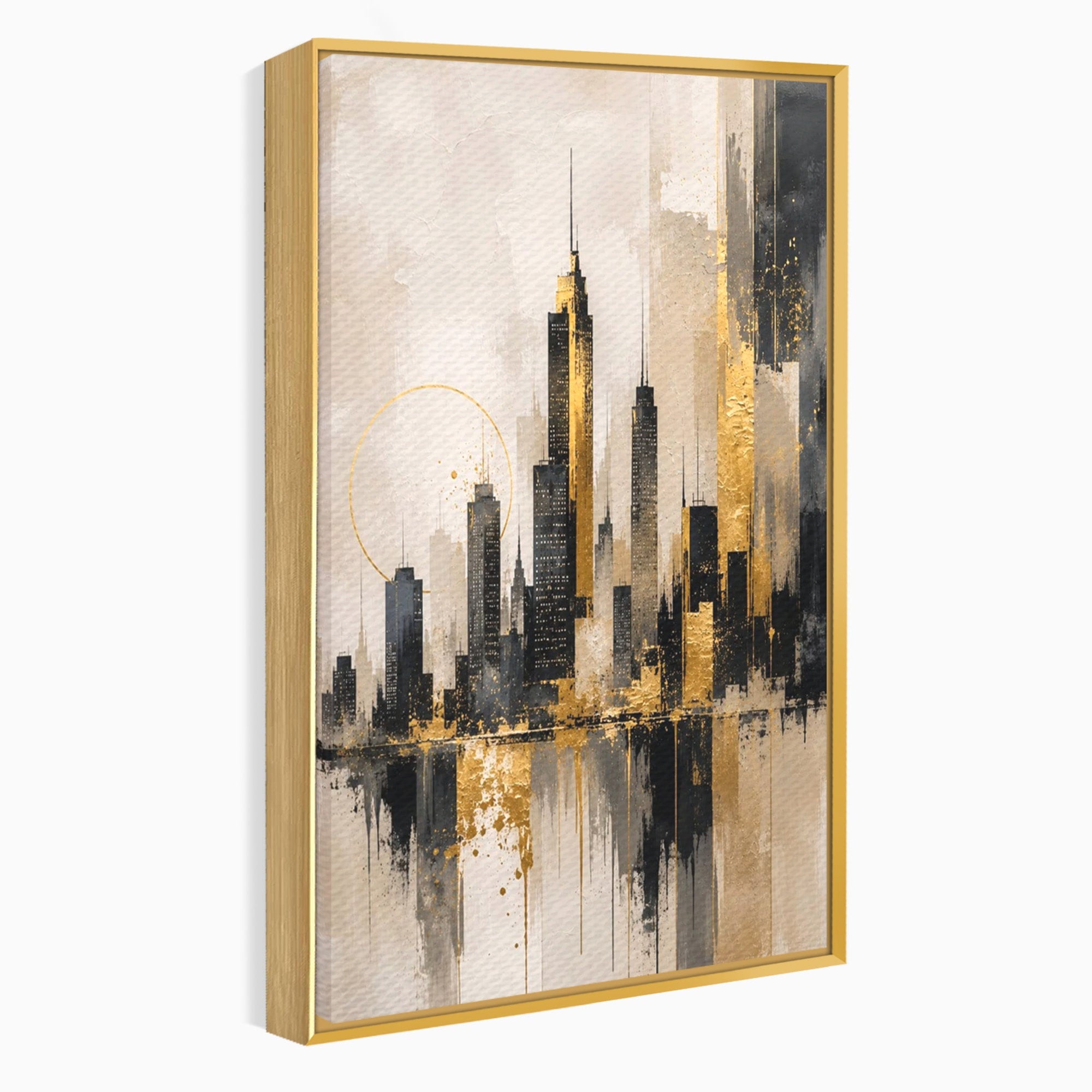 Tablou Canvas Premium LuxCanva® PI1379, Reflexia Orasului In Aur, Oras, Peisaj Urban, Contemporan, Abstract, Culori Vibrante, Living, Dormitor