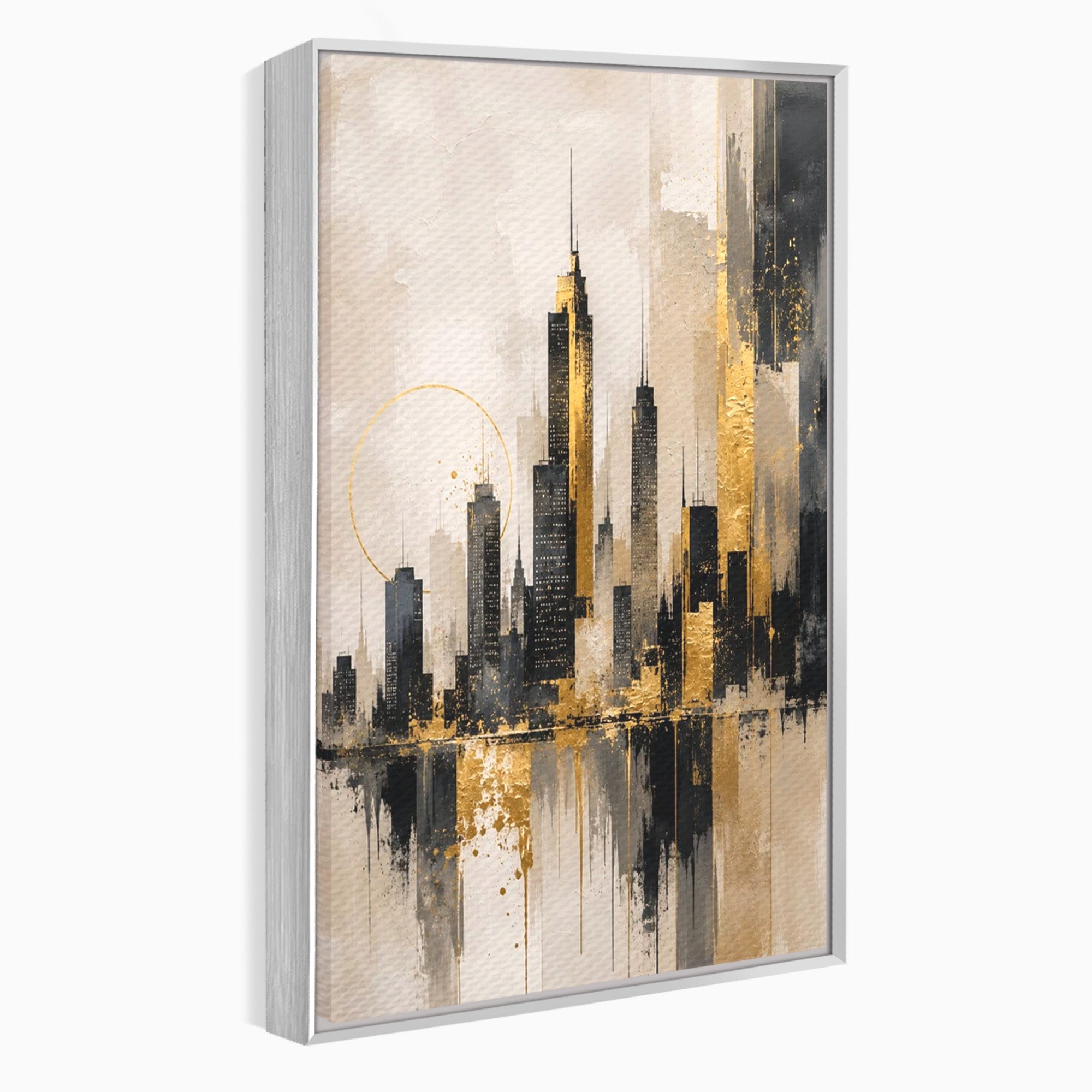 Tablou Canvas Premium LuxCanva® PI1379, Reflexia Orasului In Aur, Oras, Peisaj Urban, Contemporan, Abstract, Culori Vibrante, Living, Dormitor