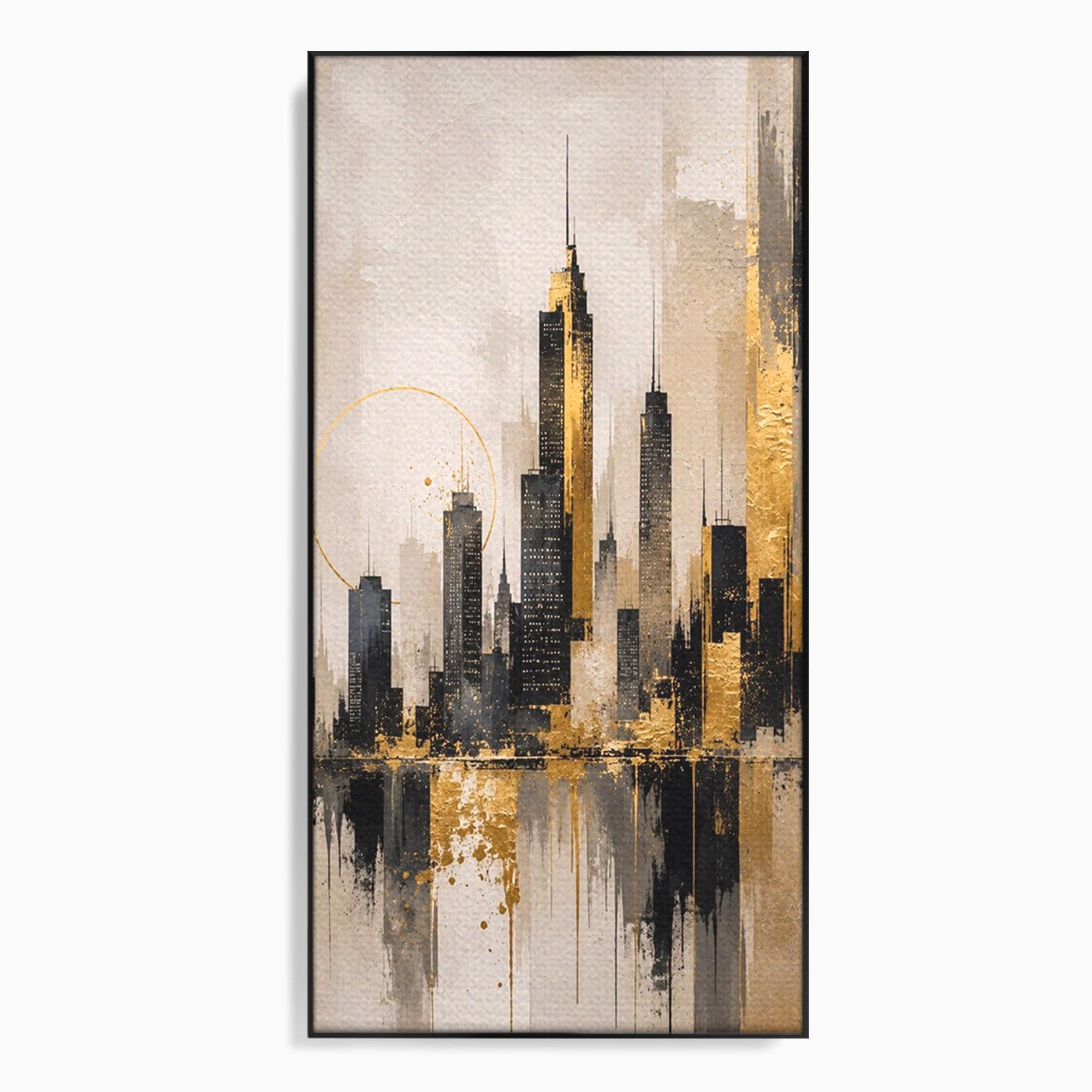 Tablou Canvas Premium LuxCanva® PI1379, Reflexia Orasului In Aur, Oras, Peisaj Urban, Contemporan, Abstract, Culori Vibrante, Living, Dormitor