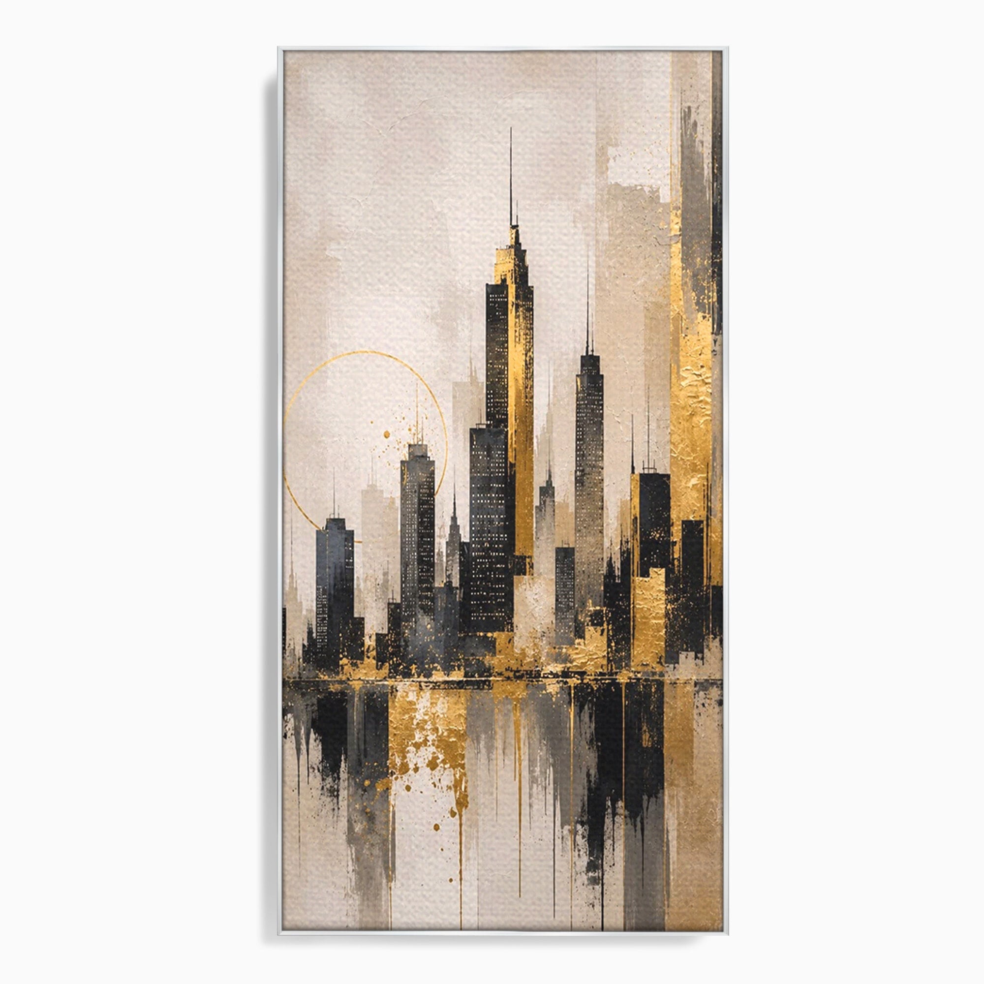 Tablou Canvas Premium LuxCanva® PI1379, Reflexia Orasului In Aur, Oras, Peisaj Urban, Contemporan, Abstract, Culori Vibrante, Living, Dormitor