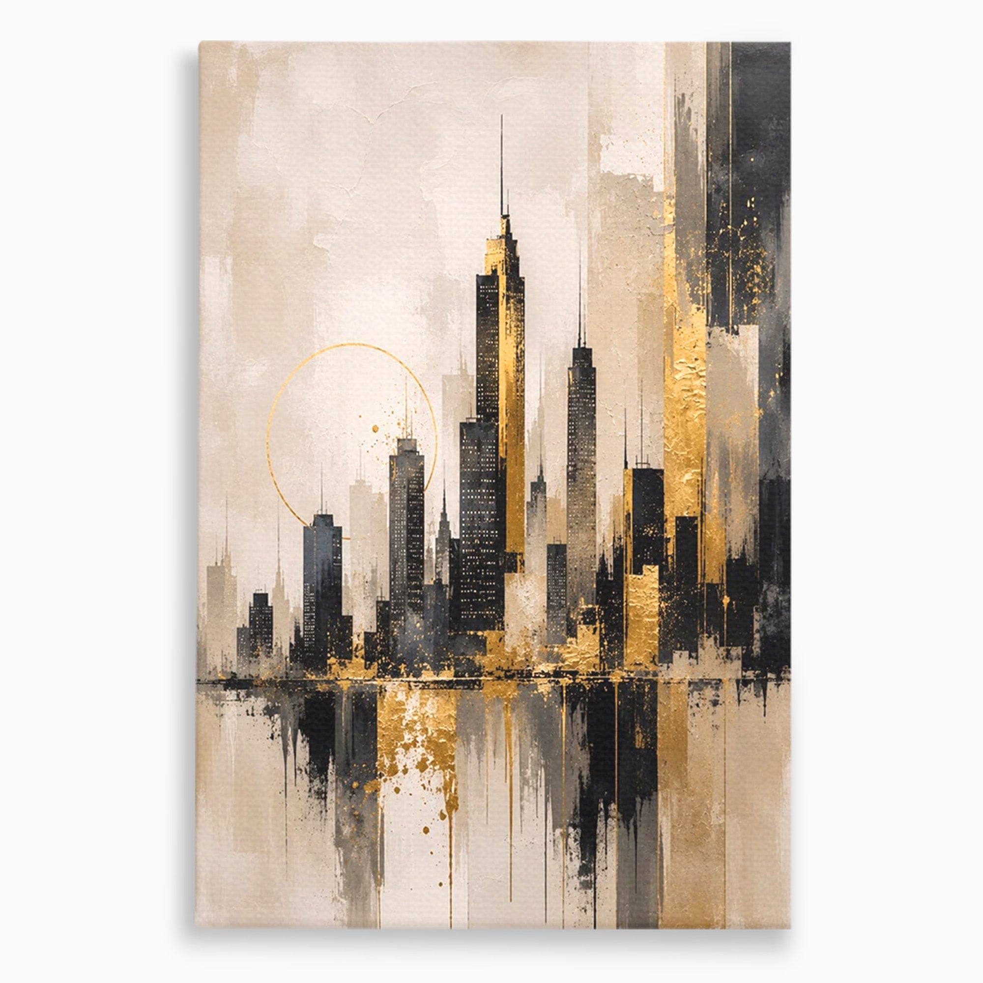 Tablou Canvas Premium LuxCanva® PI1379, Reflexia Orasului In Aur, Oras, Peisaj Urban, Contemporan, Abstract, Culori Vibrante, Living, Dormitor