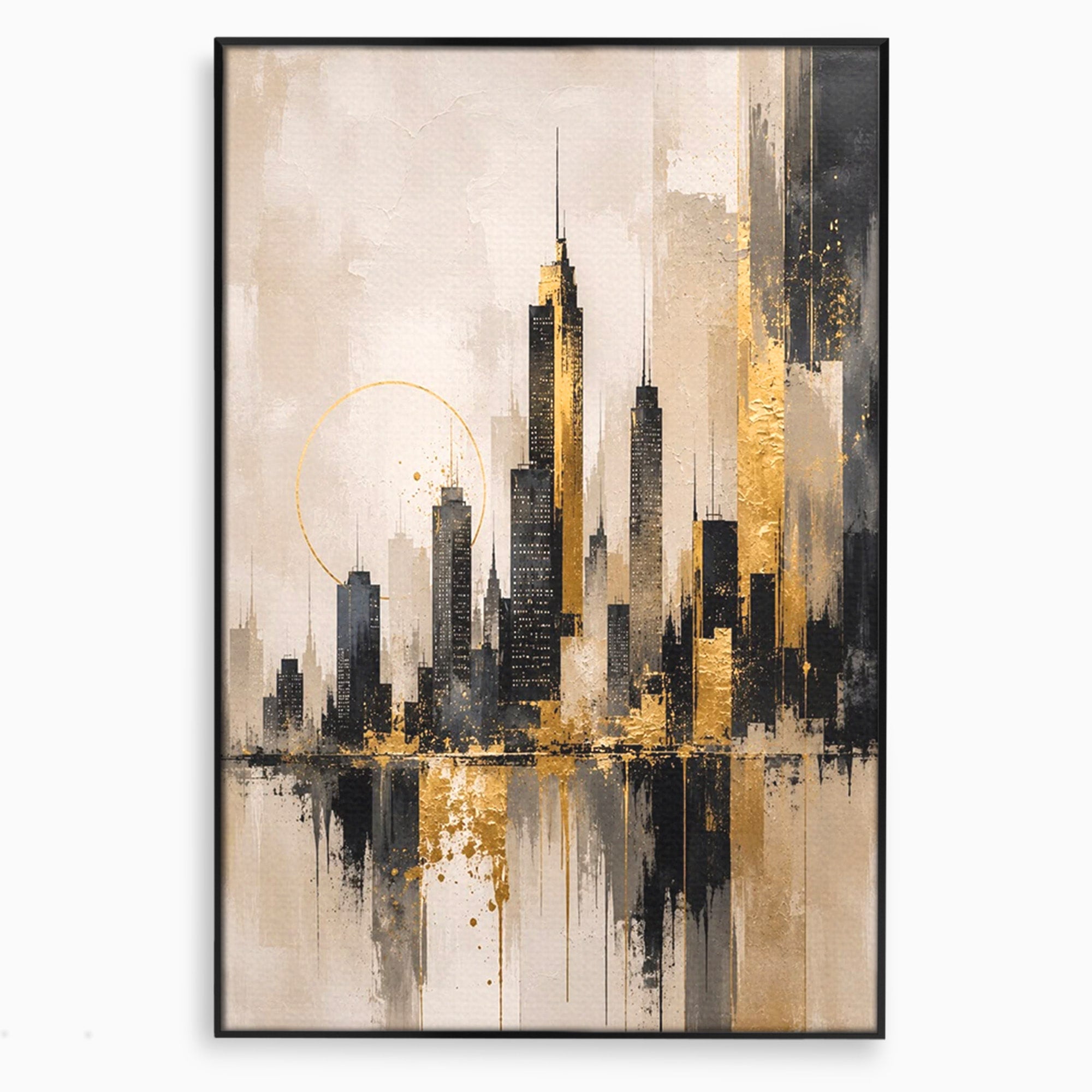 Tablou Canvas Premium LuxCanva® PI1379, Reflexia Orasului In Aur, Oras, Peisaj Urban, Contemporan, Abstract, Culori Vibrante, Living, Dormitor