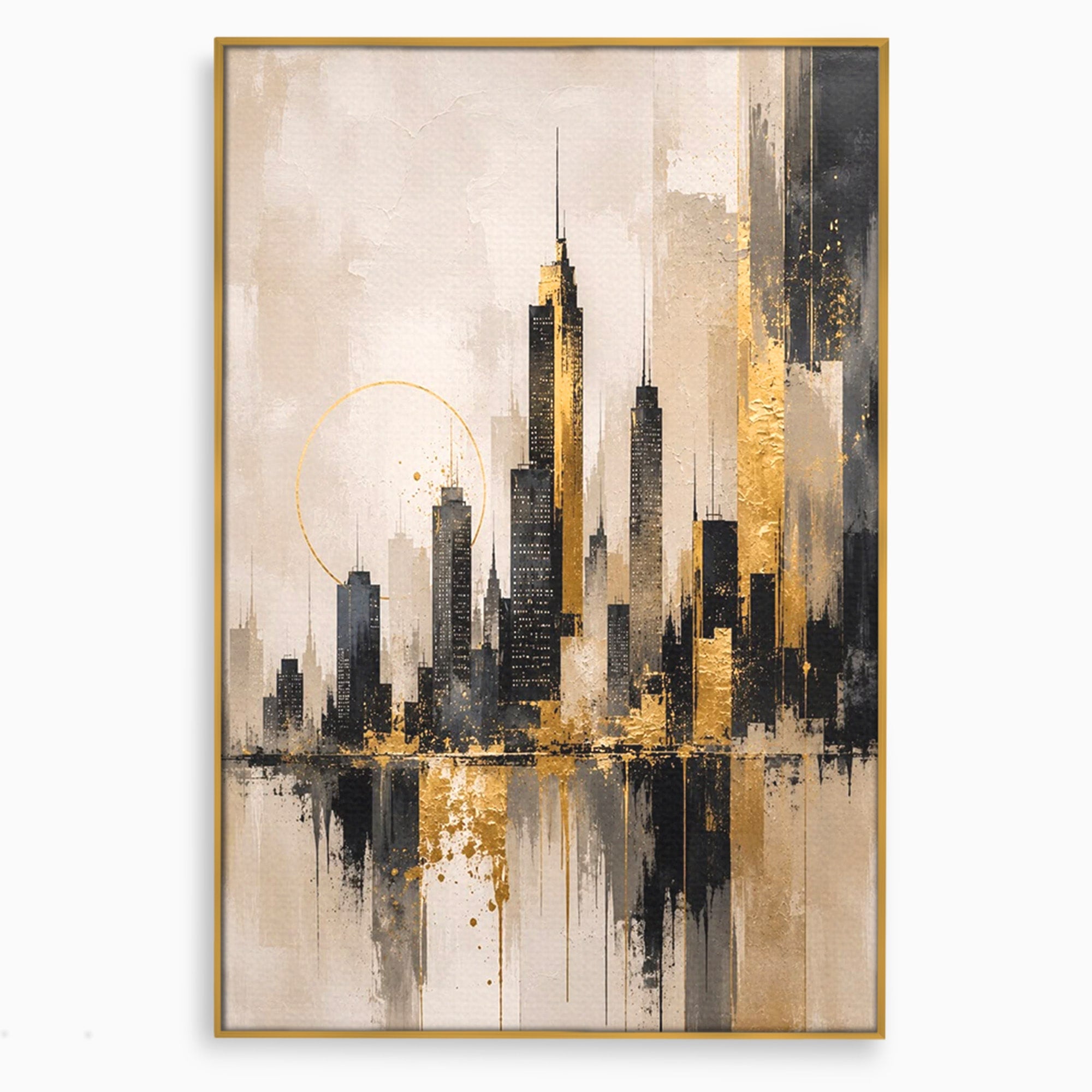Tablou Canvas Premium LuxCanva® PI1379, Reflexia Orasului In Aur, Oras, Peisaj Urban, Contemporan, Abstract, Culori Vibrante, Living, Dormitor