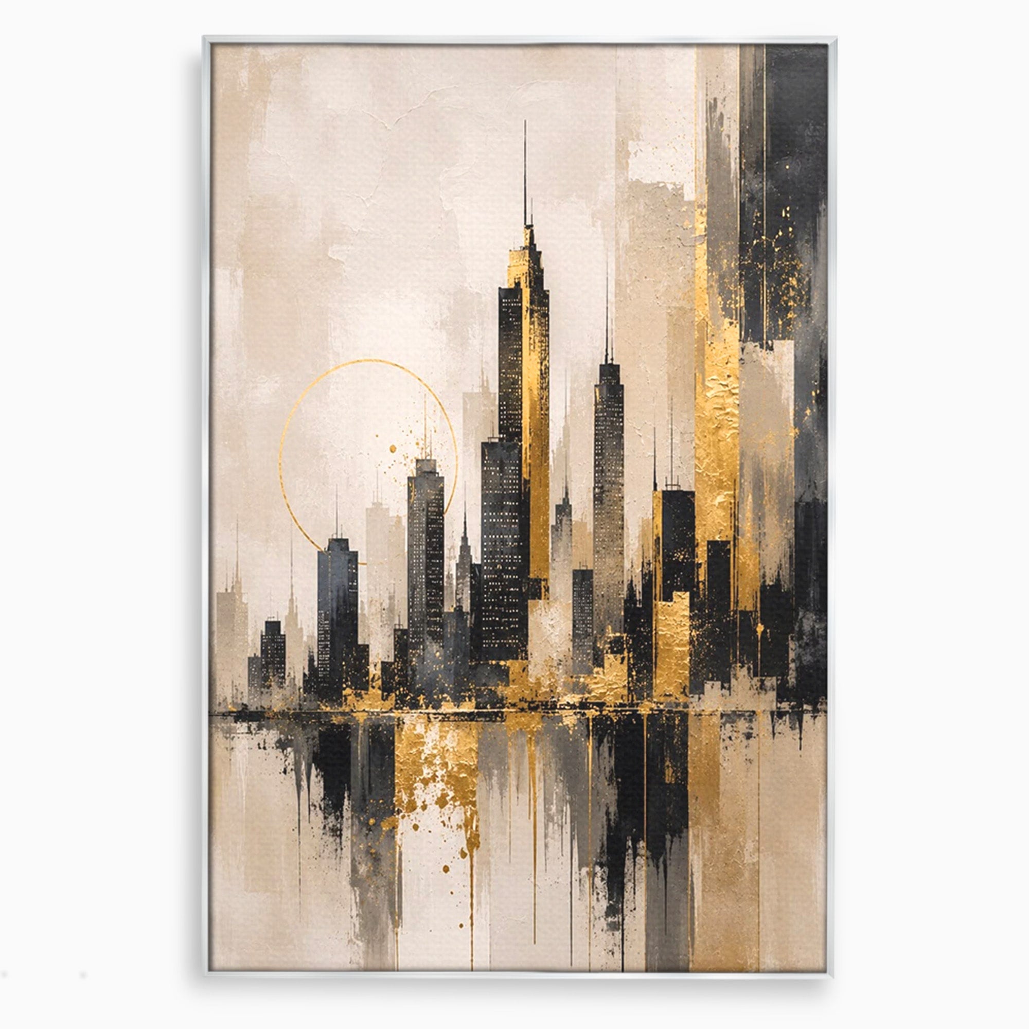 Tablou Canvas Premium LuxCanva® PI1379, Reflexia Orasului In Aur, Oras, Peisaj Urban, Contemporan, Abstract, Culori Vibrante, Living, Dormitor