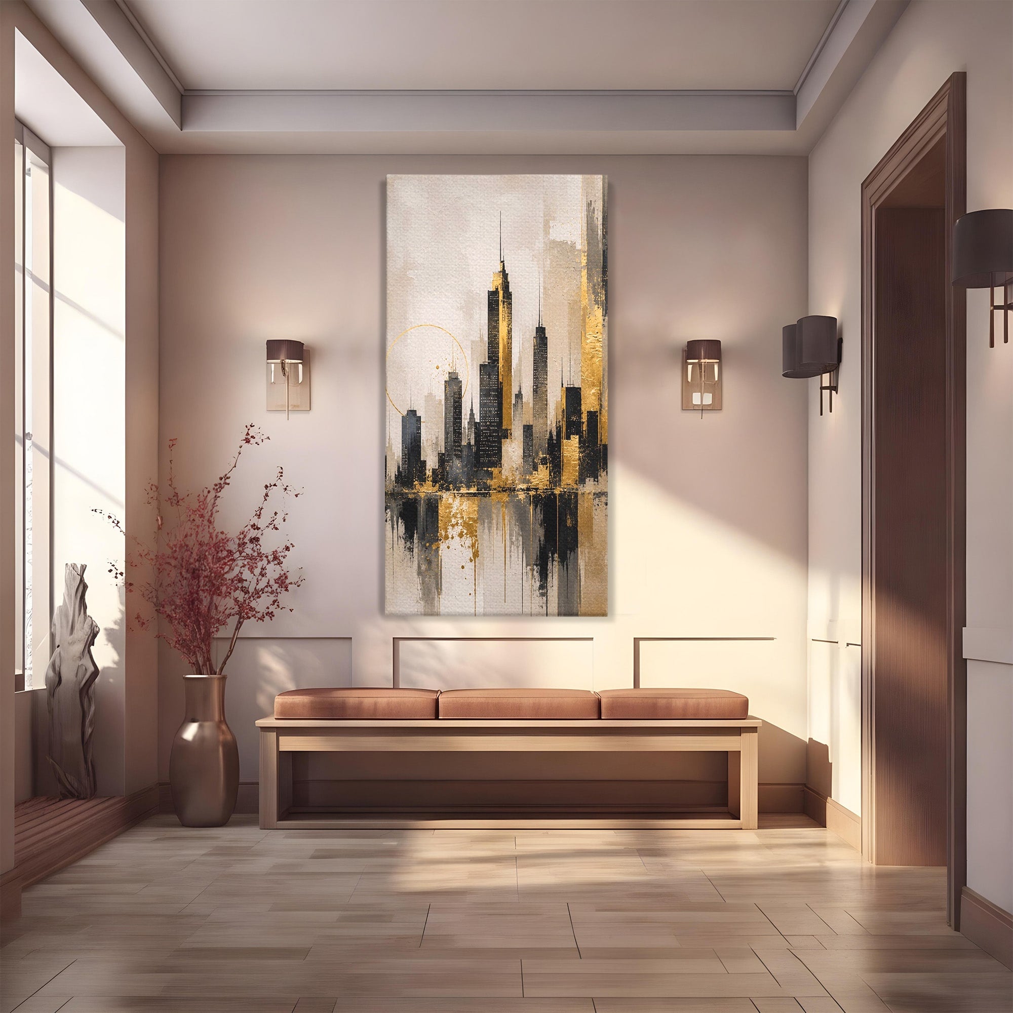 Tablou Canvas Premium LuxCanva® PI1379, Reflexia Orasului In Aur, Oras, Peisaj Urban, Contemporan, Abstract, Culori Vibrante, Living, Dormitor