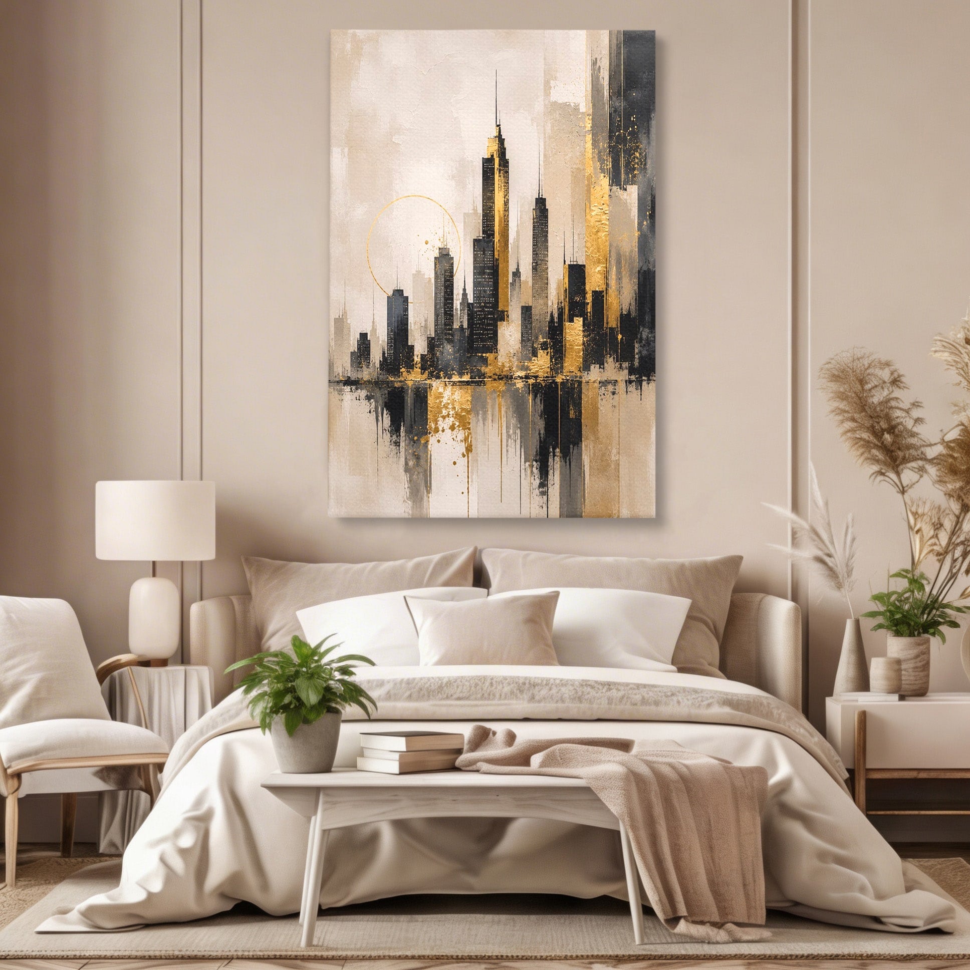 Tablou Canvas Premium LuxCanva® PI1379, Reflexia Orasului In Aur, Oras, Peisaj Urban, Contemporan, Abstract, Culori Vibrante, Living, Dormitor