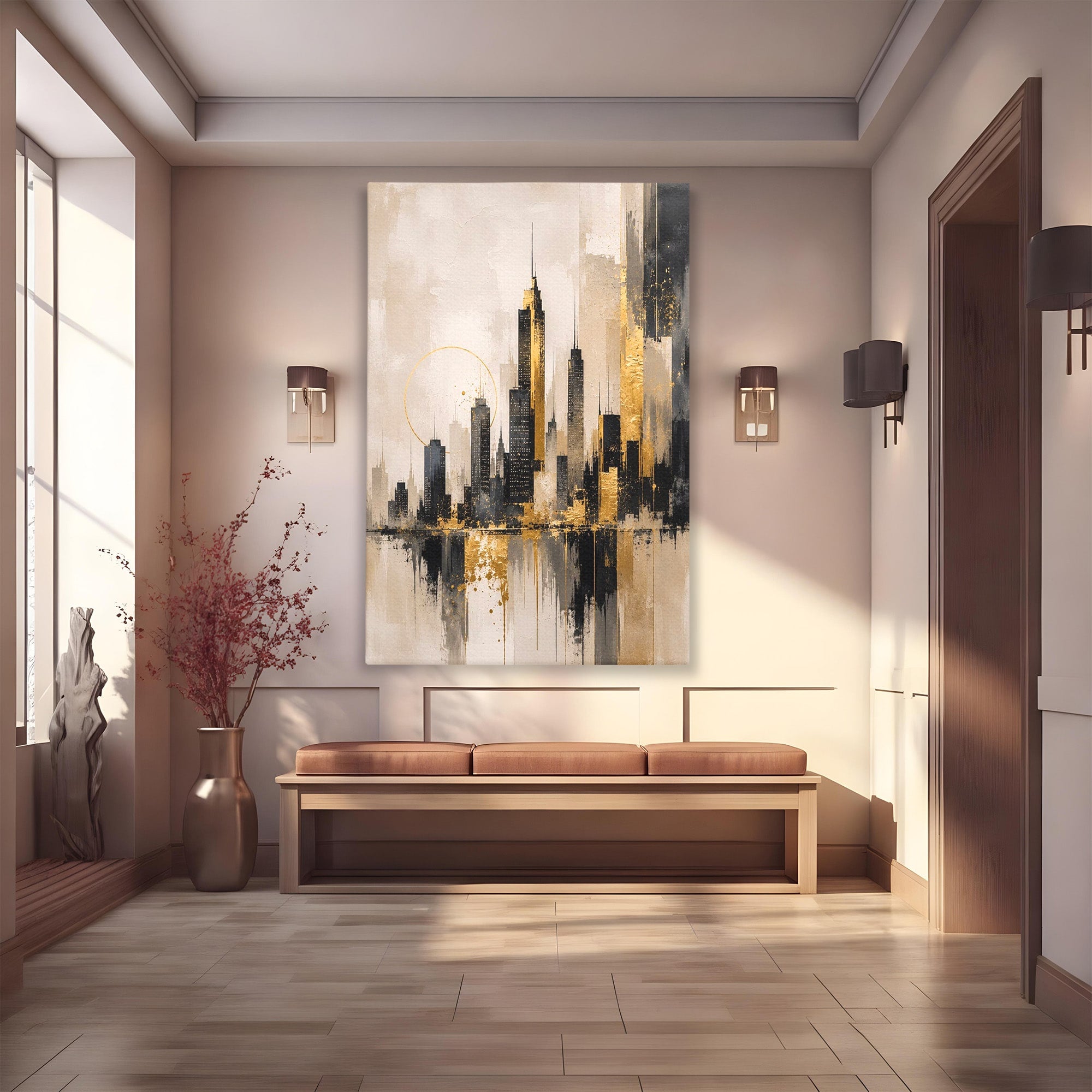 Tablou Canvas Premium LuxCanva® PI1379, Reflexia Orasului In Aur, Oras, Peisaj Urban, Contemporan, Abstract, Culori Vibrante, Living, Dormitor