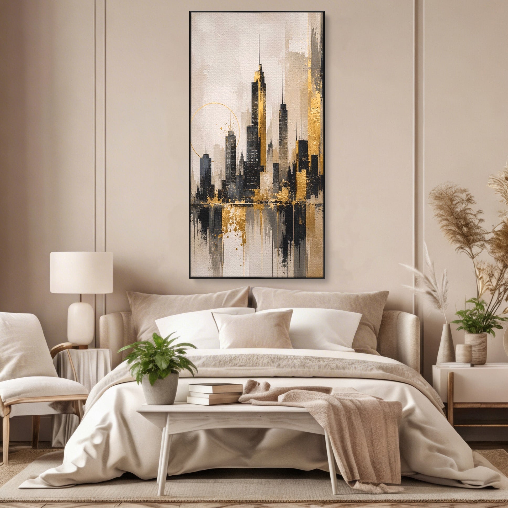 Tablou Canvas Premium LuxCanva® PI1379, Reflexia Orasului In Aur, Oras, Peisaj Urban, Contemporan, Abstract, Culori Vibrante, Living, Dormitor