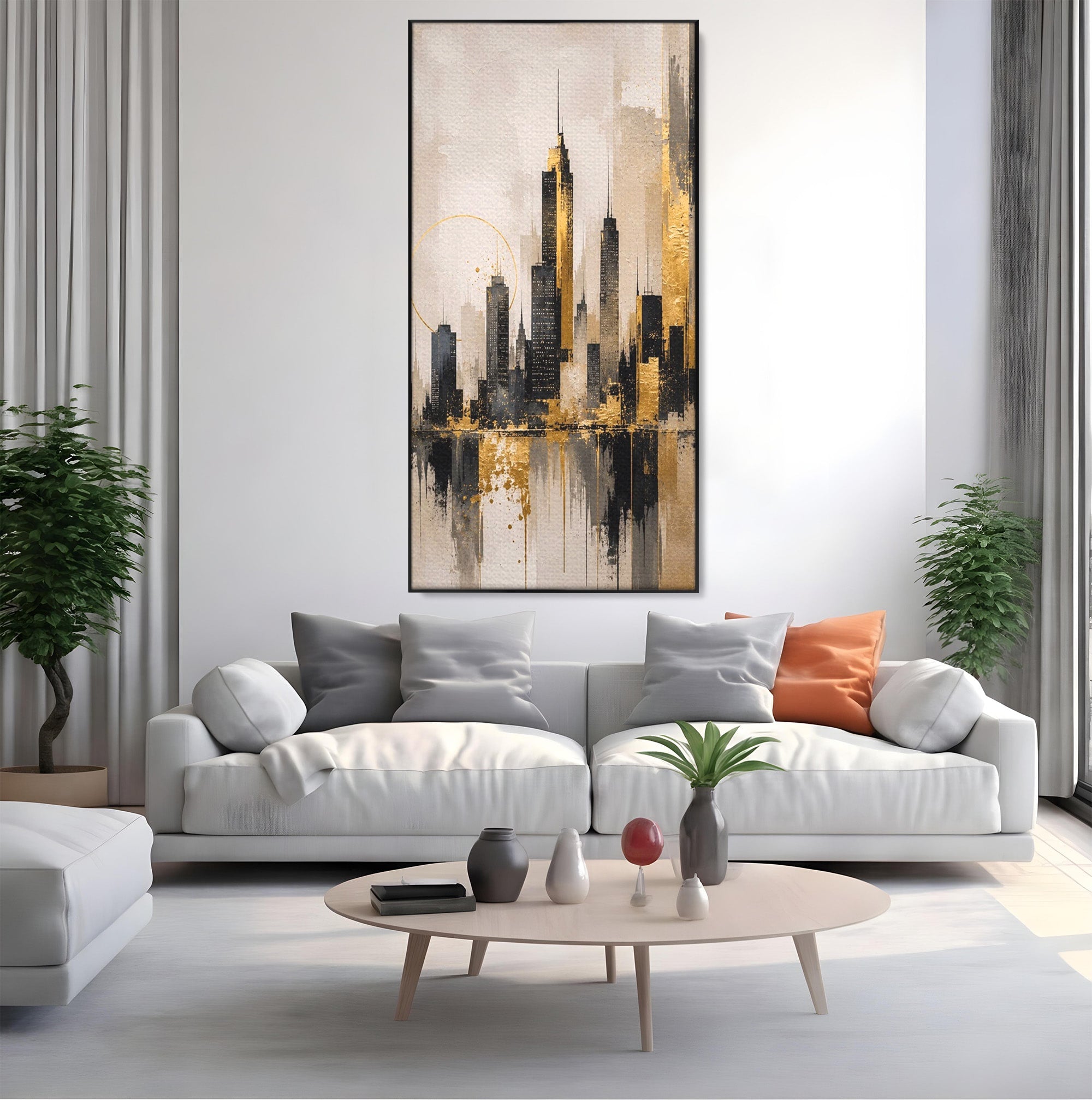 Tablou Canvas Premium LuxCanva® PI1379, Reflexia Orasului In Aur, Oras, Peisaj Urban, Contemporan, Abstract, Culori Vibrante, Living, Dormitor