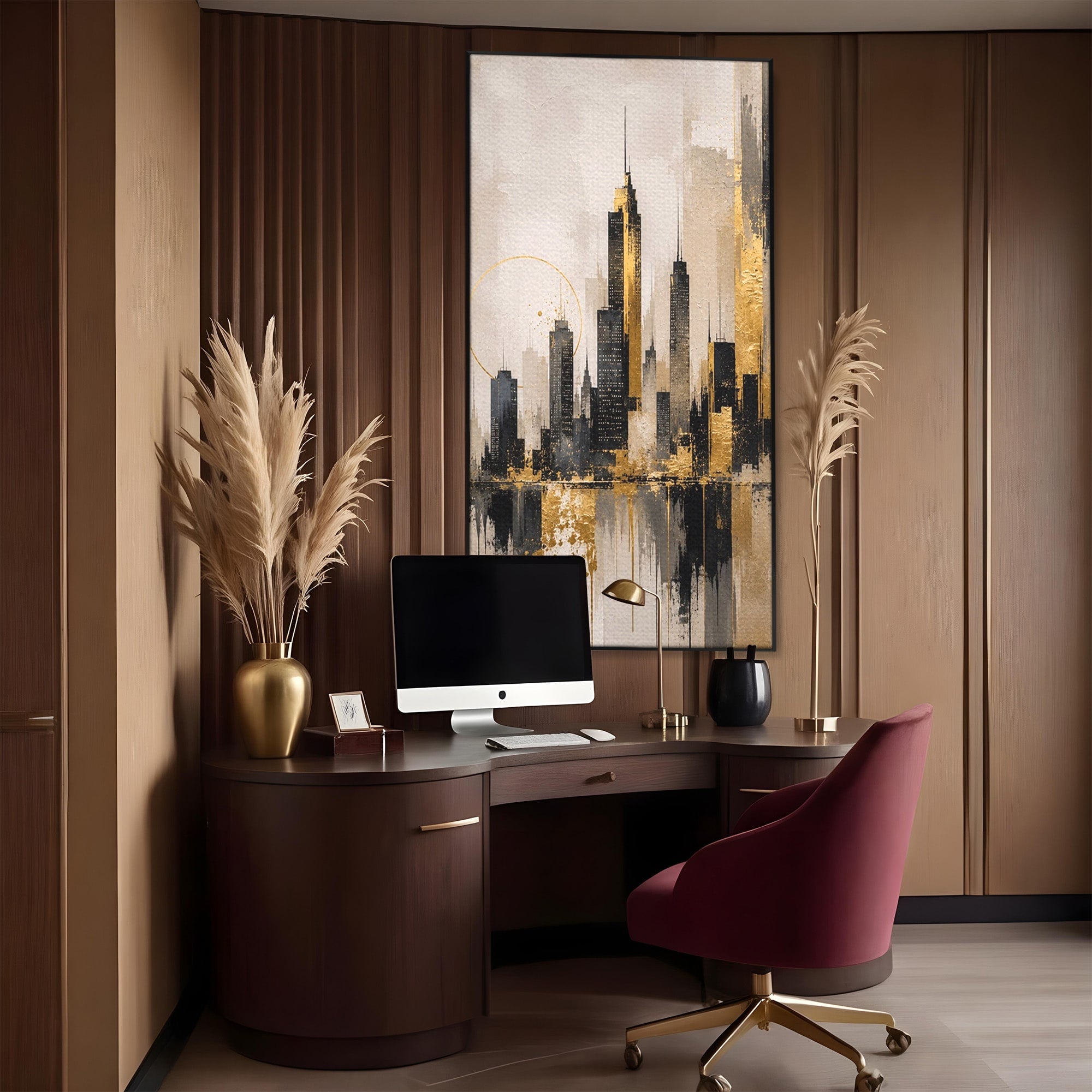 Tablou Canvas Premium LuxCanva® PI1379, Reflexia Orasului In Aur, Oras, Peisaj Urban, Contemporan, Abstract, Culori Vibrante, Living, Dormitor