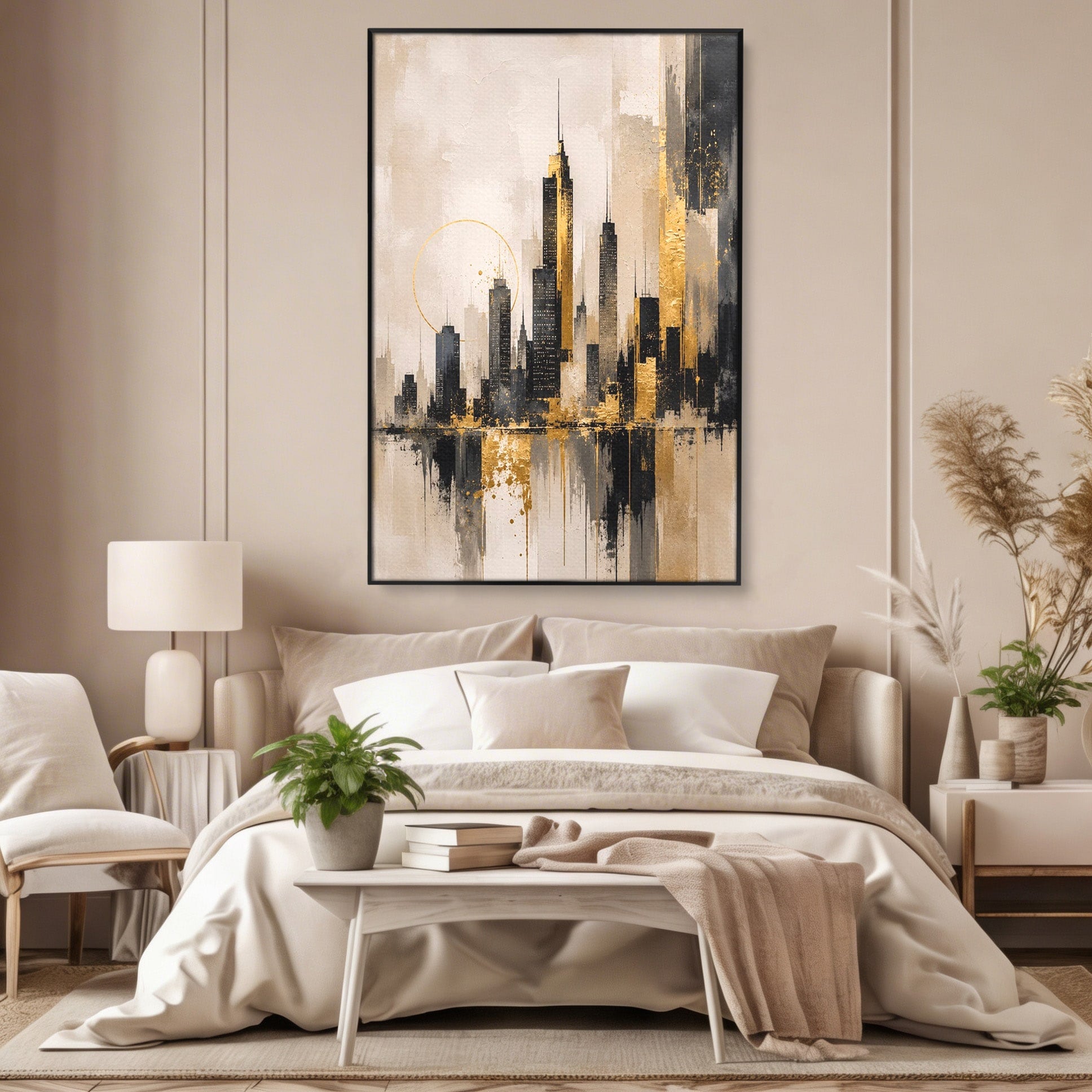 Tablou Canvas Premium LuxCanva® PI1379, Reflexia Orasului In Aur, Oras, Peisaj Urban, Contemporan, Abstract, Culori Vibrante, Living, Dormitor