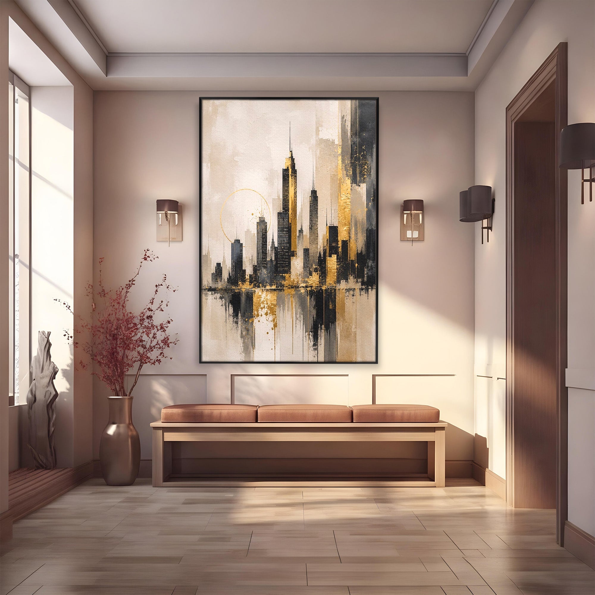Tablou Canvas Premium LuxCanva® PI1379, Reflexia Orasului In Aur, Oras, Peisaj Urban, Contemporan, Abstract, Culori Vibrante, Living, Dormitor