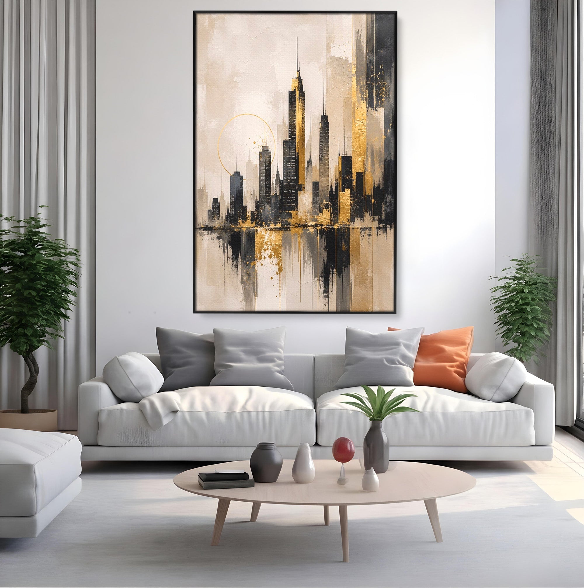Tablou Canvas Premium LuxCanva® PI1379, Reflexia Orasului In Aur, Oras, Peisaj Urban, Contemporan, Abstract, Culori Vibrante, Living, Dormitor