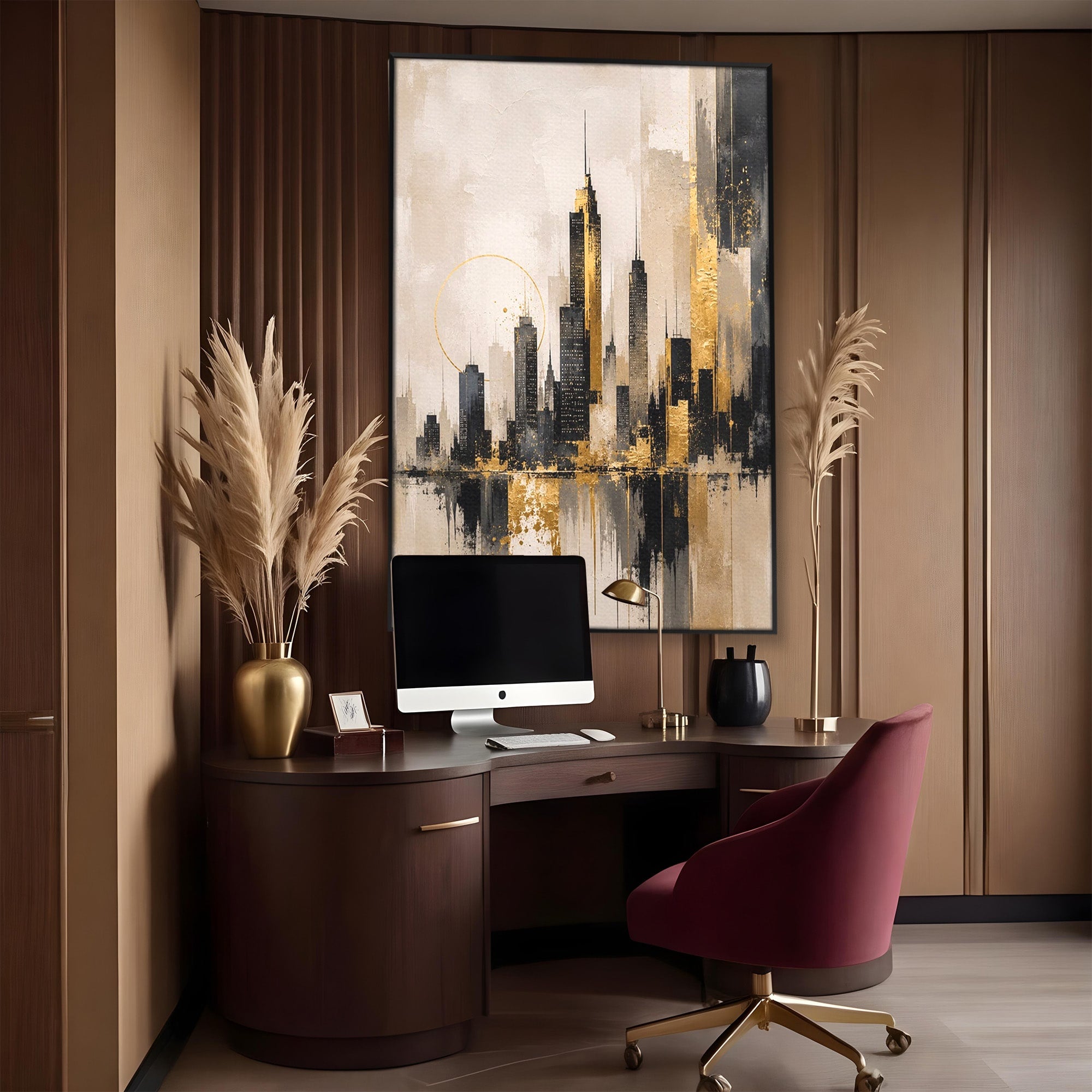 Tablou Canvas Premium LuxCanva® PI1379, Reflexia Orasului In Aur, Oras, Peisaj Urban, Contemporan, Abstract, Culori Vibrante, Living, Dormitor