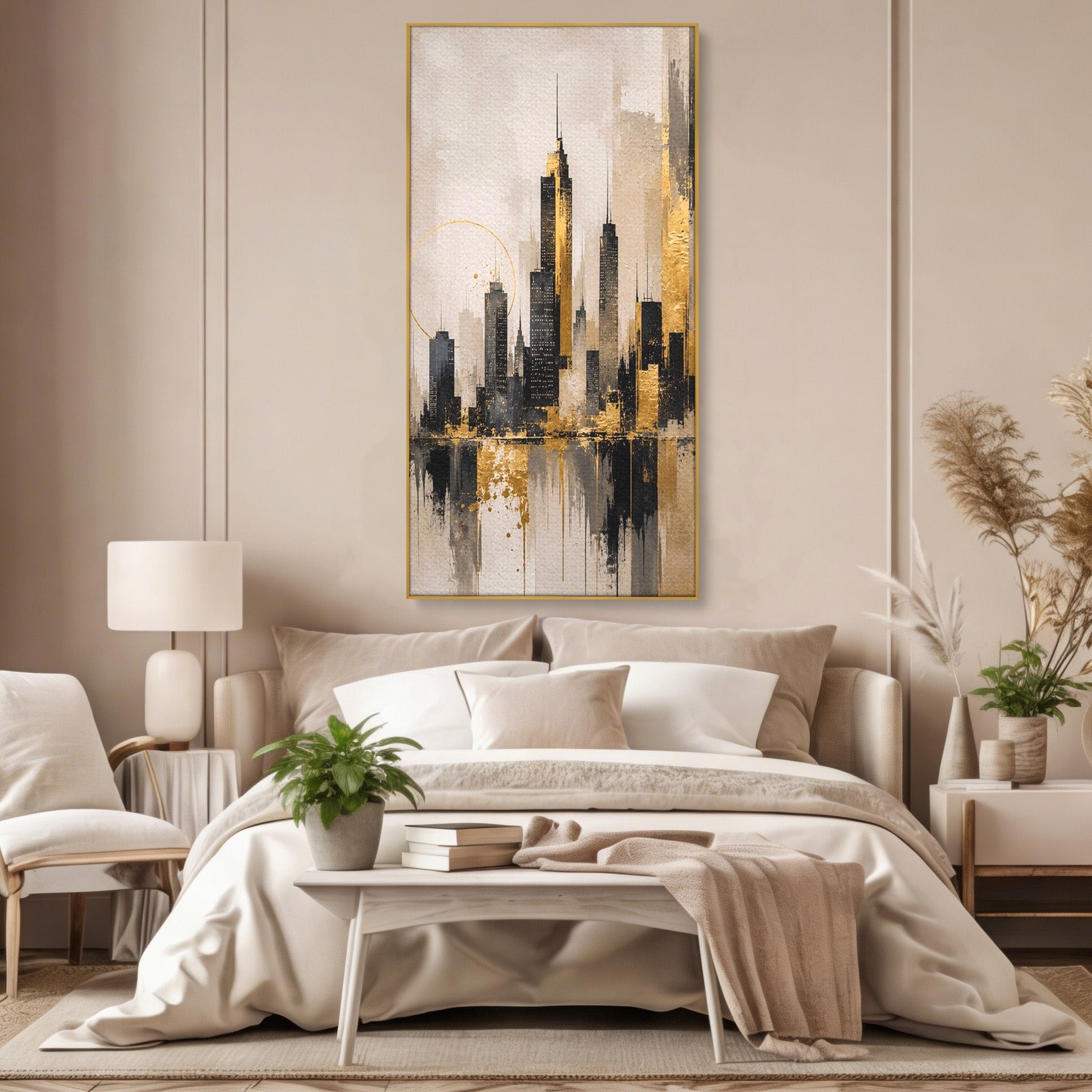 Tablou Canvas Premium LuxCanva® PI1379, Reflexia Orasului In Aur, Oras, Peisaj Urban, Contemporan, Abstract, Culori Vibrante, Living, Dormitor