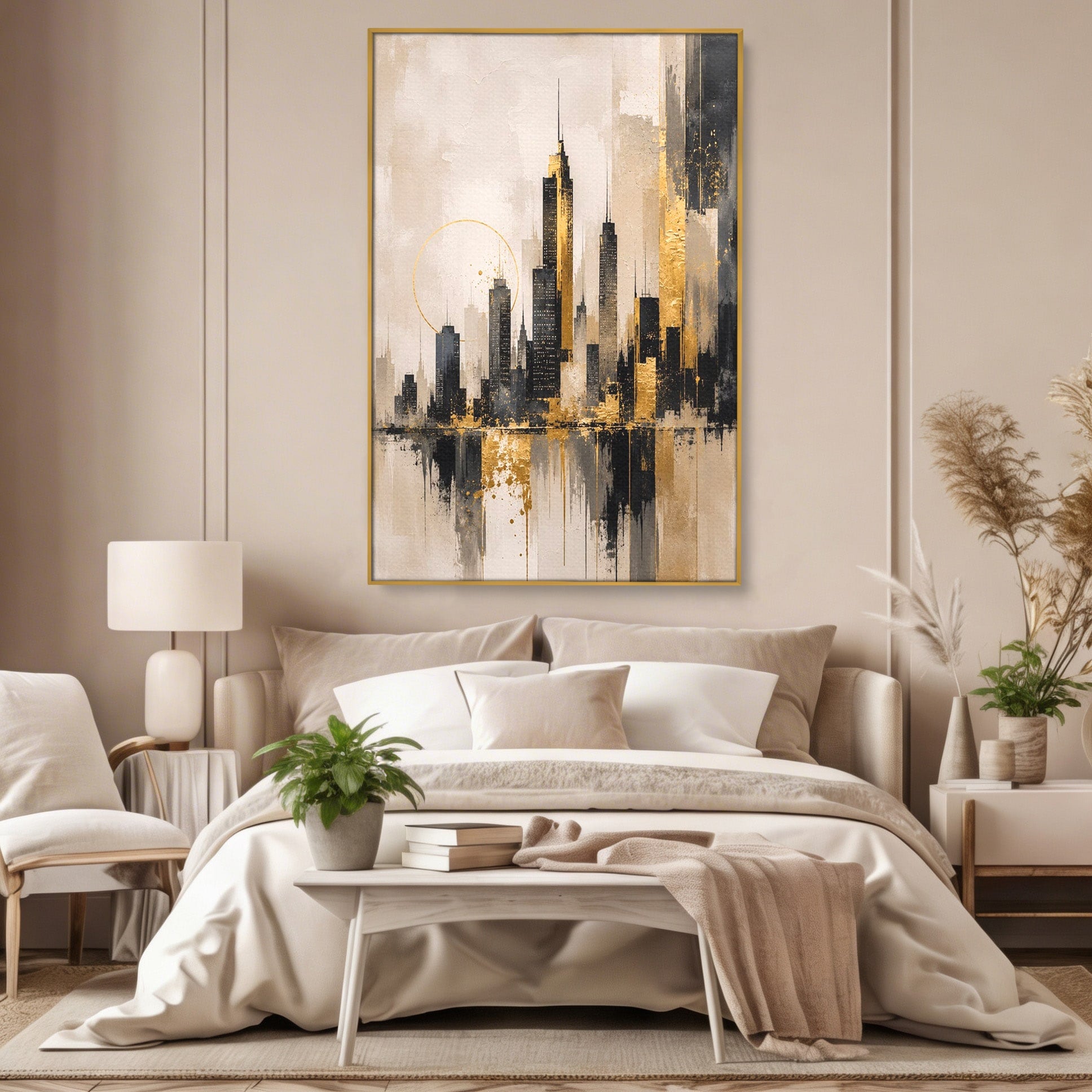Tablou Canvas Premium LuxCanva® PI1379, Reflexia Orasului In Aur, Oras, Peisaj Urban, Contemporan, Abstract, Culori Vibrante, Living, Dormitor