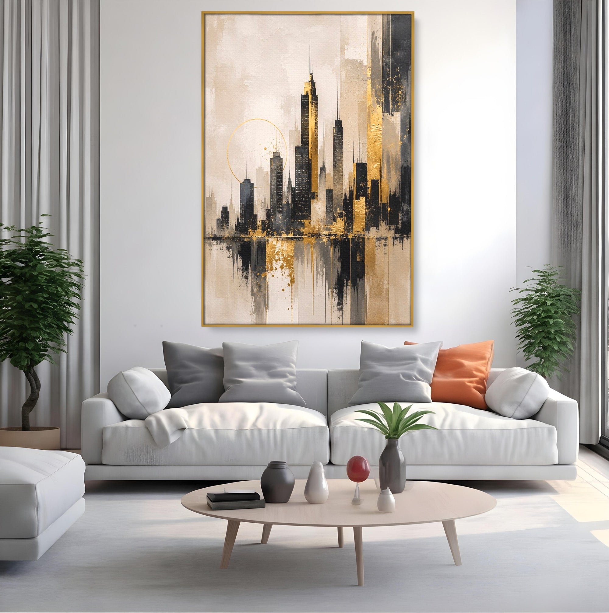 Tablou Canvas Premium LuxCanva® PI1379, Reflexia Orasului In Aur, Oras, Peisaj Urban, Contemporan, Abstract, Culori Vibrante, Living, Dormitor