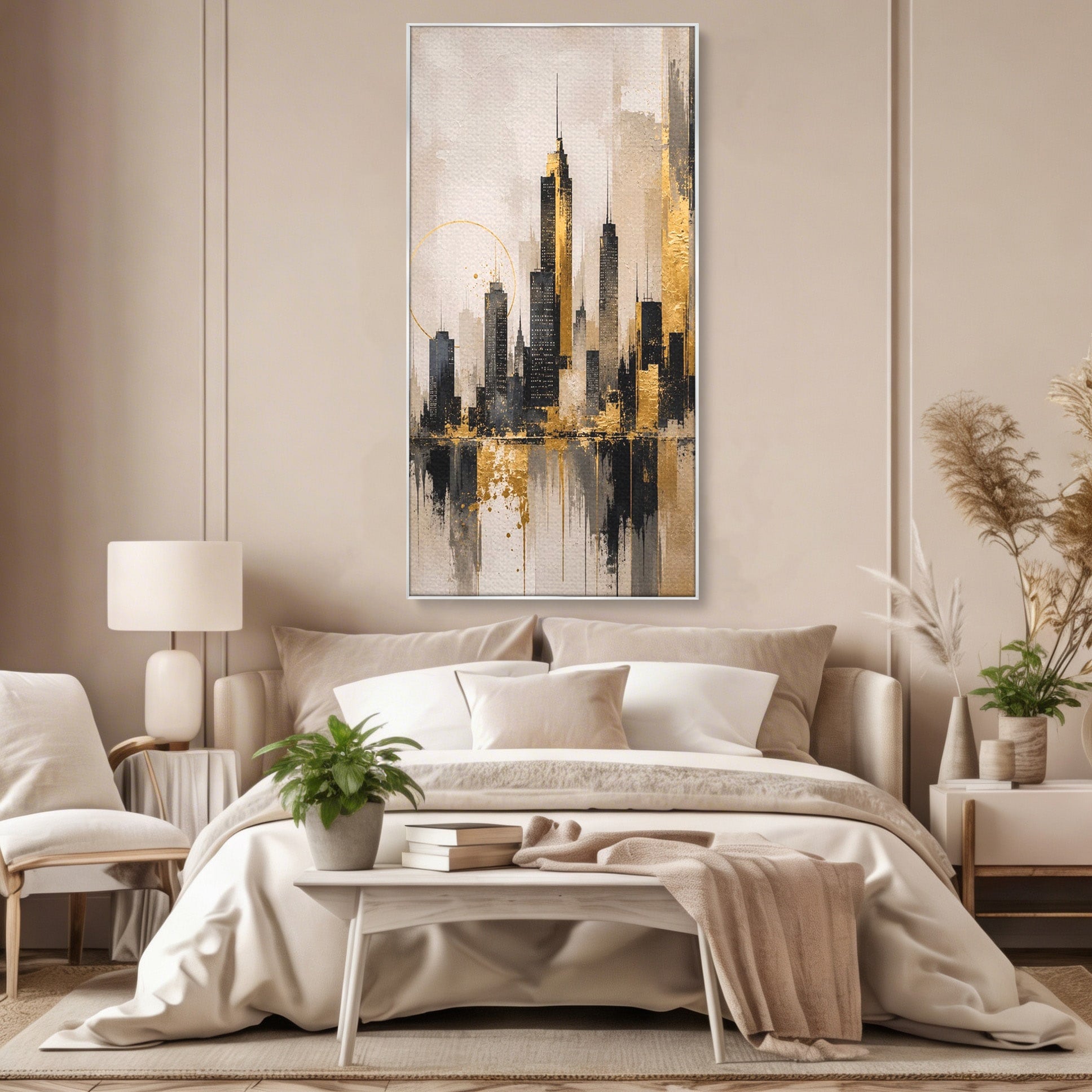 Tablou Canvas Premium LuxCanva® PI1379, Reflexia Orasului In Aur, Oras, Peisaj Urban, Contemporan, Abstract, Culori Vibrante, Living, Dormitor