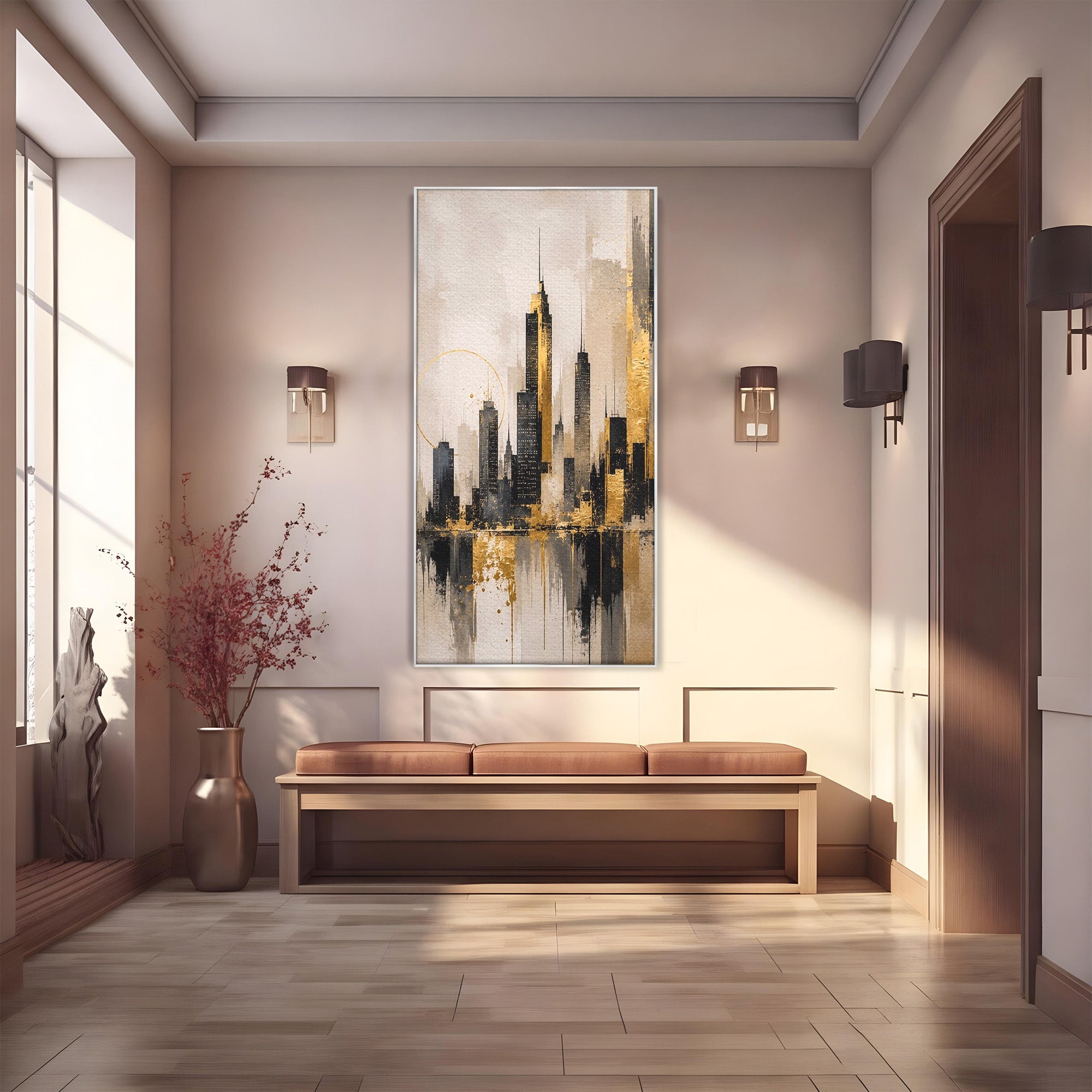 Tablou Canvas Premium LuxCanva® PI1379, Reflexia Orasului In Aur, Oras, Peisaj Urban, Contemporan, Abstract, Culori Vibrante, Living, Dormitor