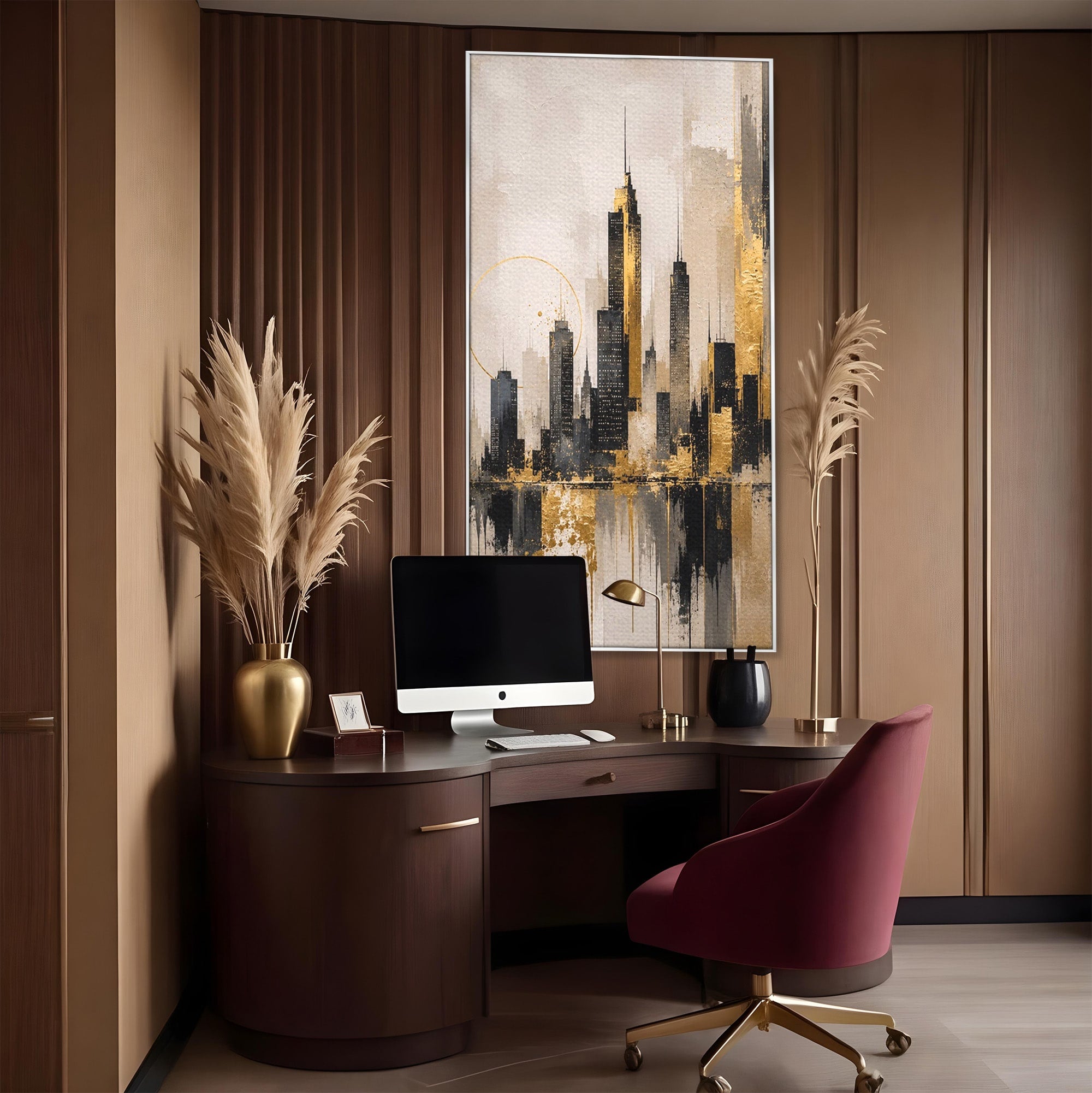 Tablou Canvas Premium LuxCanva® PI1379, Reflexia Orasului In Aur, Oras, Peisaj Urban, Contemporan, Abstract, Culori Vibrante, Living, Dormitor