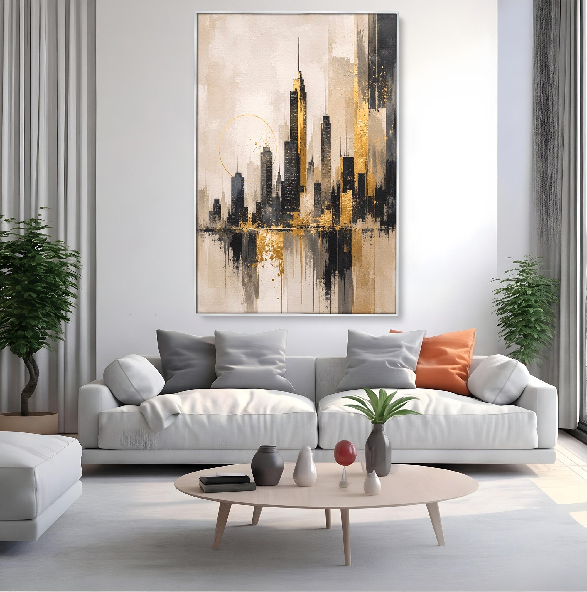 Tablou Canvas Premium LuxCanva® PI1379, Reflexia Orasului In Aur, Oras, Peisaj Urban, Contemporan, Abstract, Culori Vibrante, Living, Dormitor