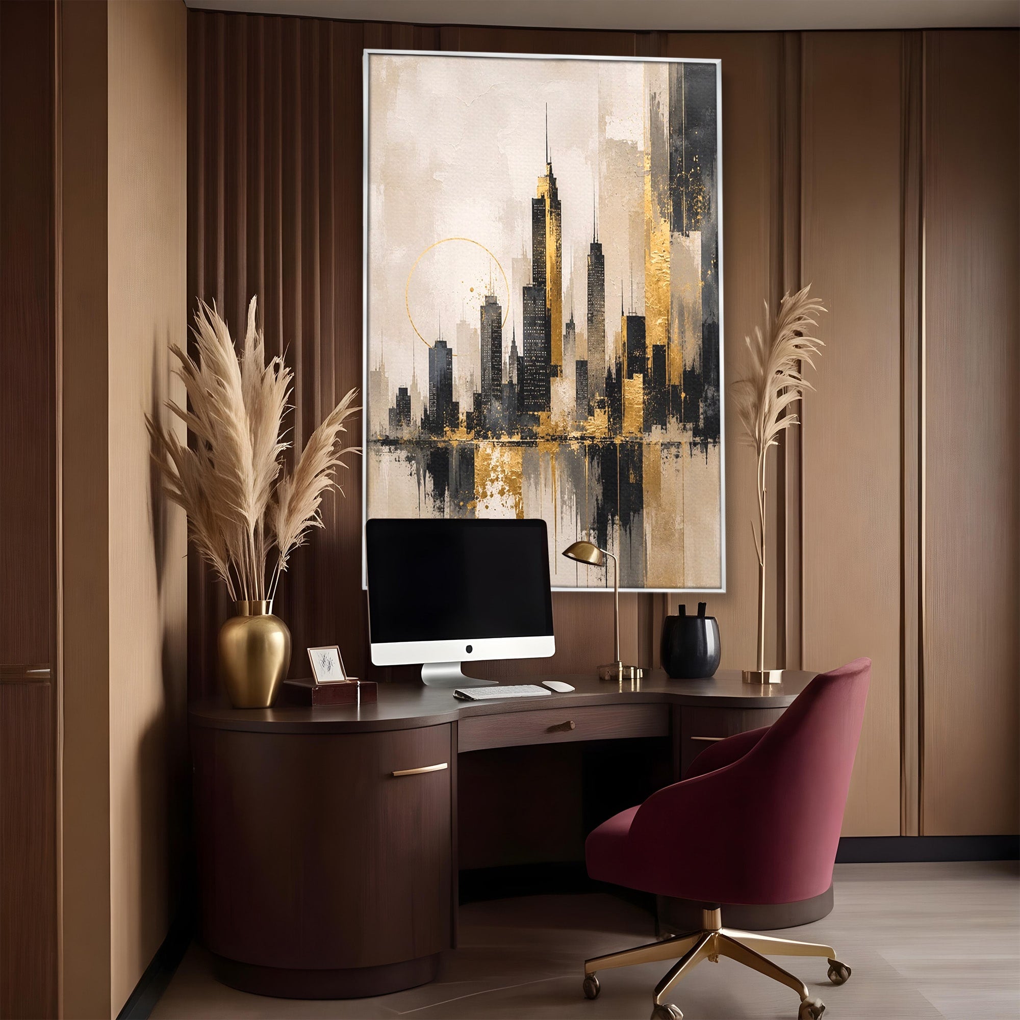 Tablou Canvas Premium LuxCanva® PI1379, Reflexia Orasului In Aur, Oras, Peisaj Urban, Contemporan, Abstract, Culori Vibrante, Living, Dormitor