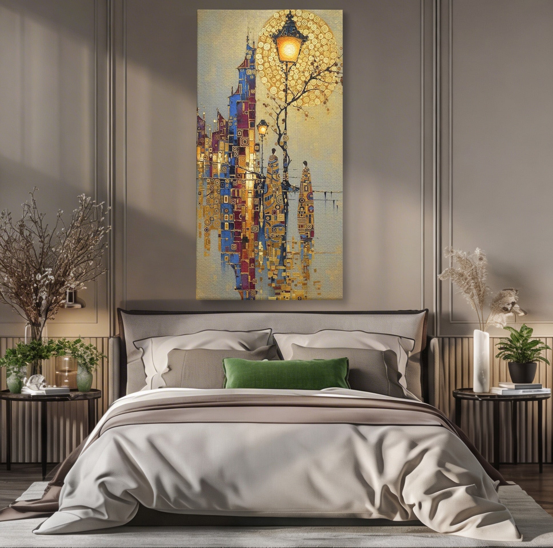 Tablou Canvas Premium LuxCanva® PI1380, Felinarul Viselor, Oras, Luna, Noapte, Peisaj Urban, Culori Vibrante, Living, Dormitor