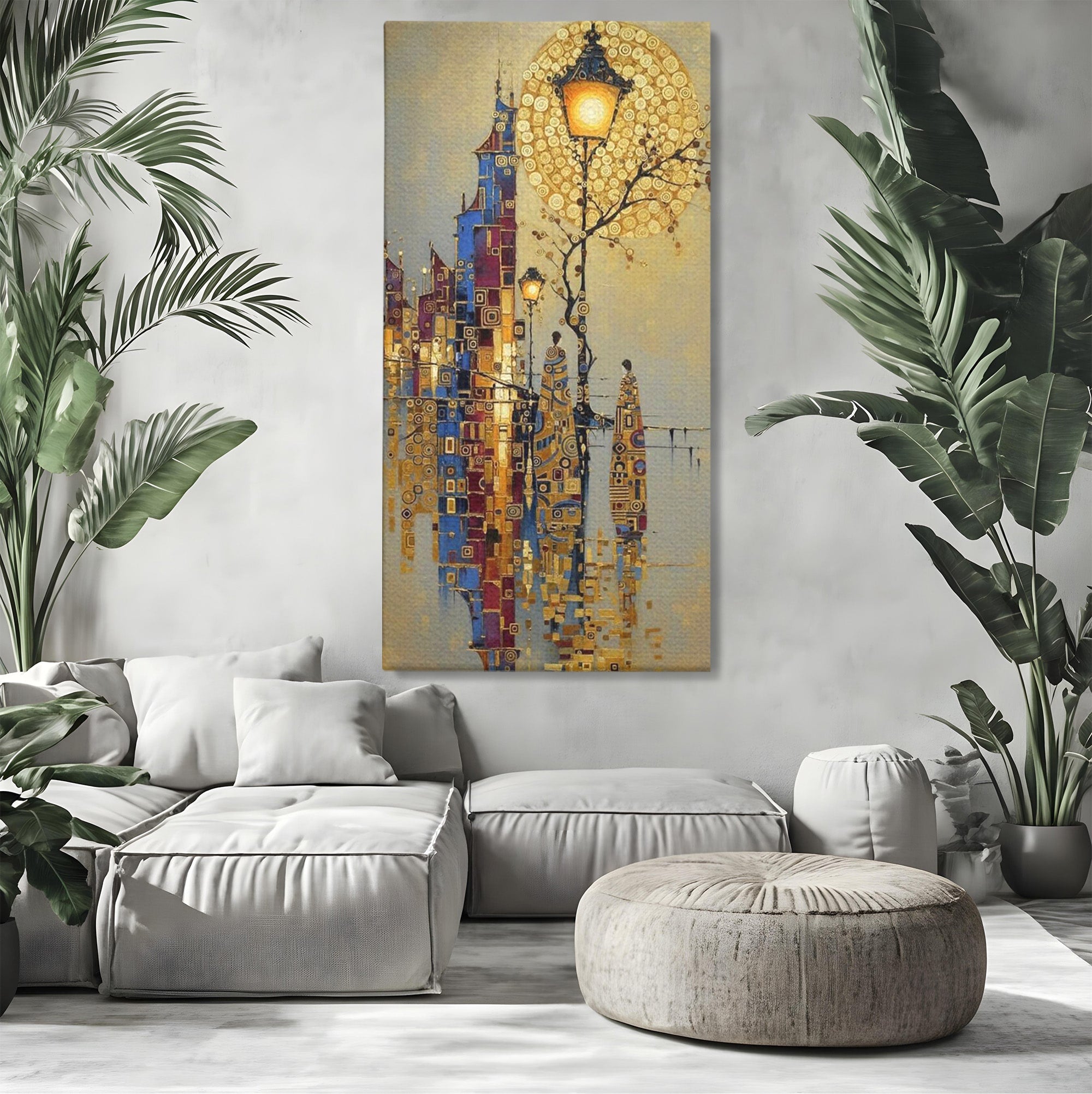 Tablou Canvas Premium LuxCanva® PI1380, Felinarul Viselor, Oras, Luna, Noapte, Peisaj Urban, Culori Vibrante, Living, Dormitor
