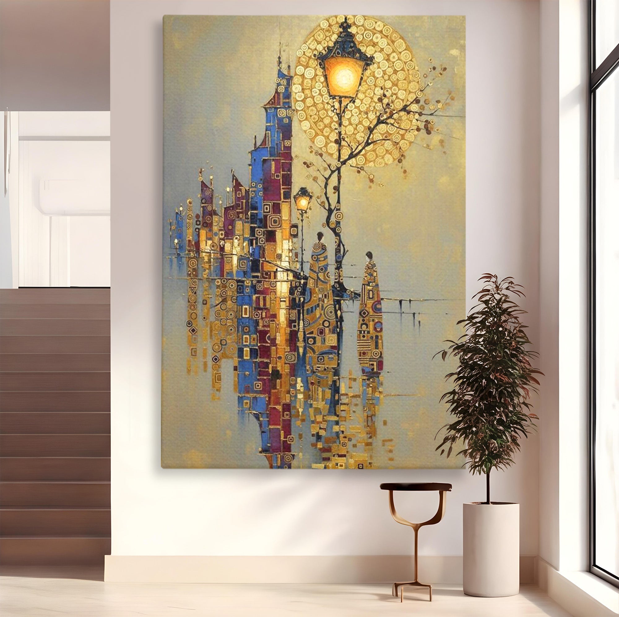 Tablou Canvas Premium LuxCanva® PI1380, Felinarul Viselor, Oras, Luna, Noapte, Peisaj Urban, Culori Vibrante, Living, Dormitor