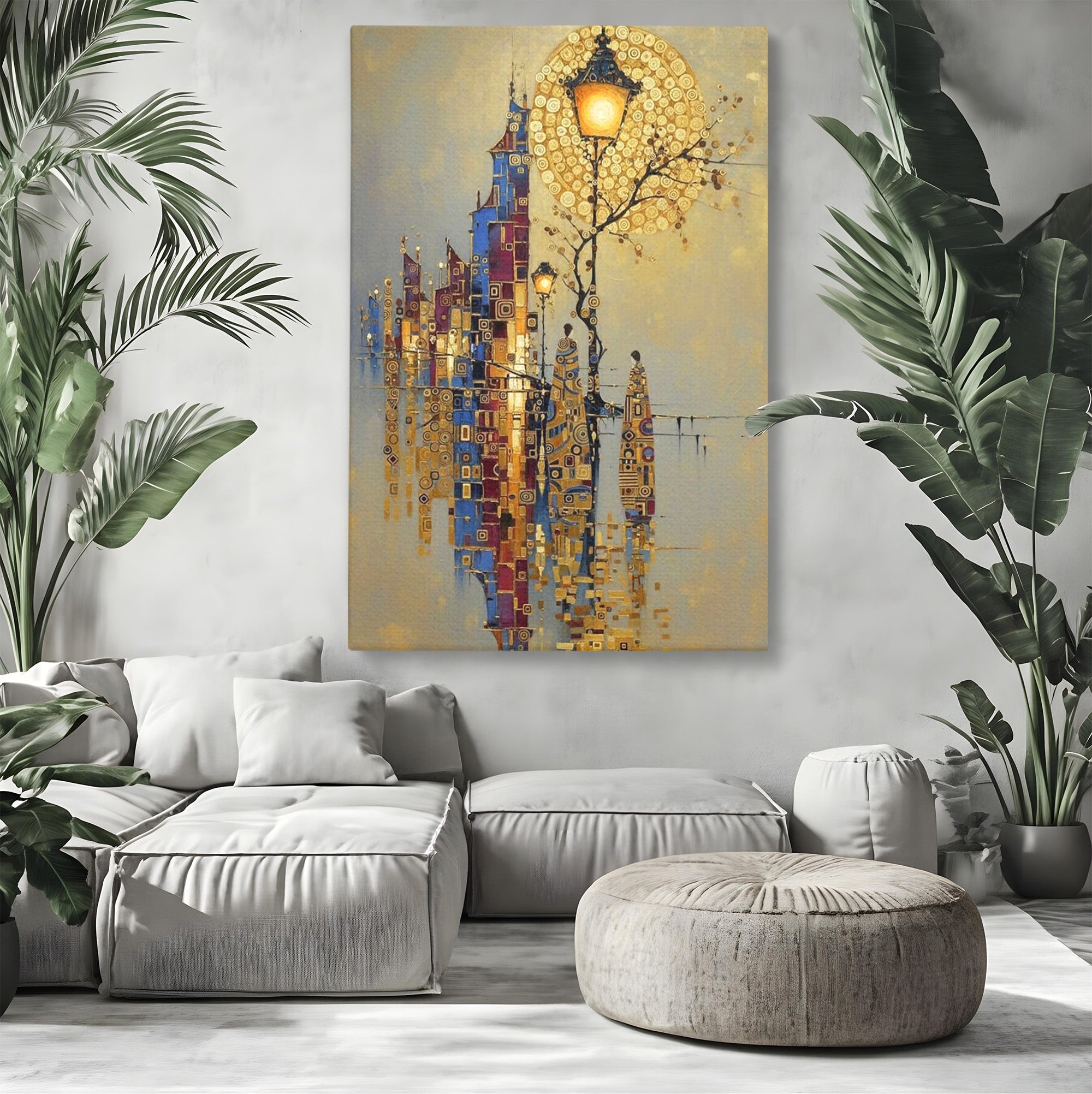 Tablou Canvas Premium LuxCanva® PI1380, Felinarul Viselor, Oras, Luna, Noapte, Peisaj Urban, Culori Vibrante, Living, Dormitor