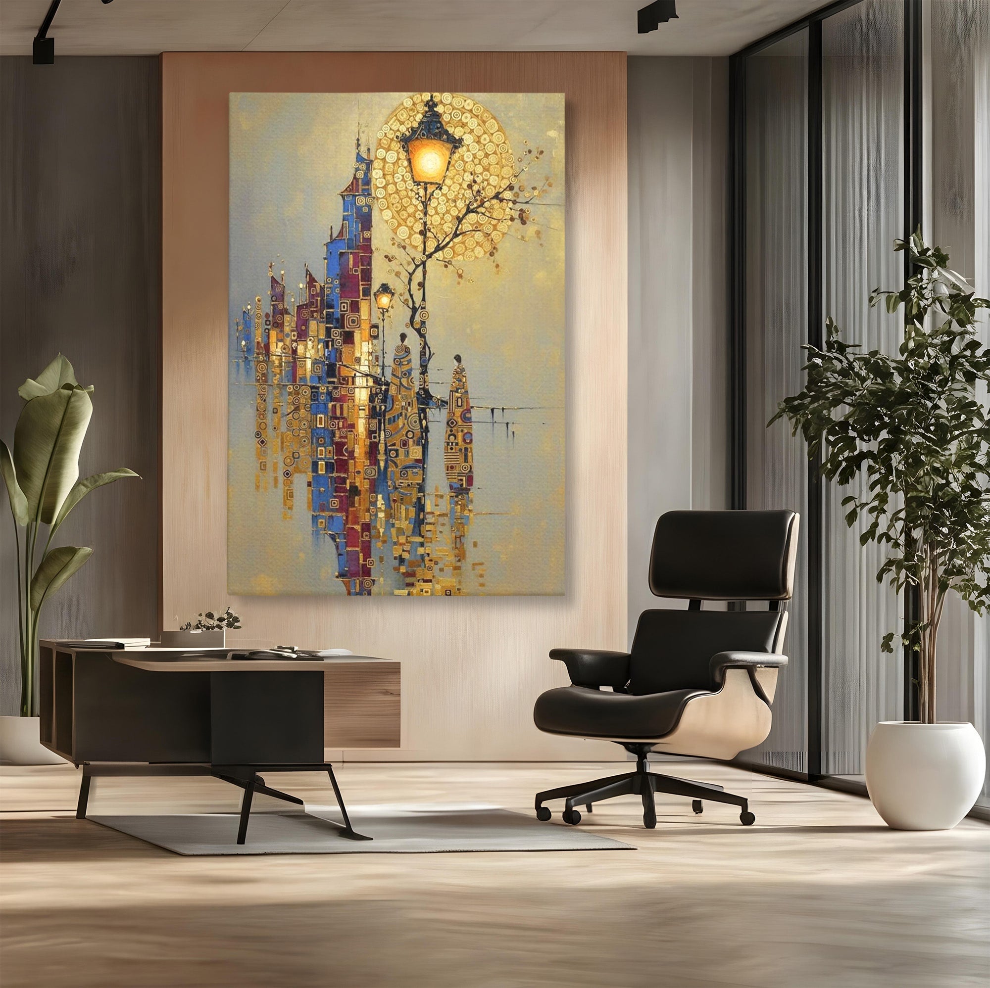 Tablou Canvas Premium LuxCanva® PI1380, Felinarul Viselor, Oras, Luna, Noapte, Peisaj Urban, Culori Vibrante, Living, Dormitor