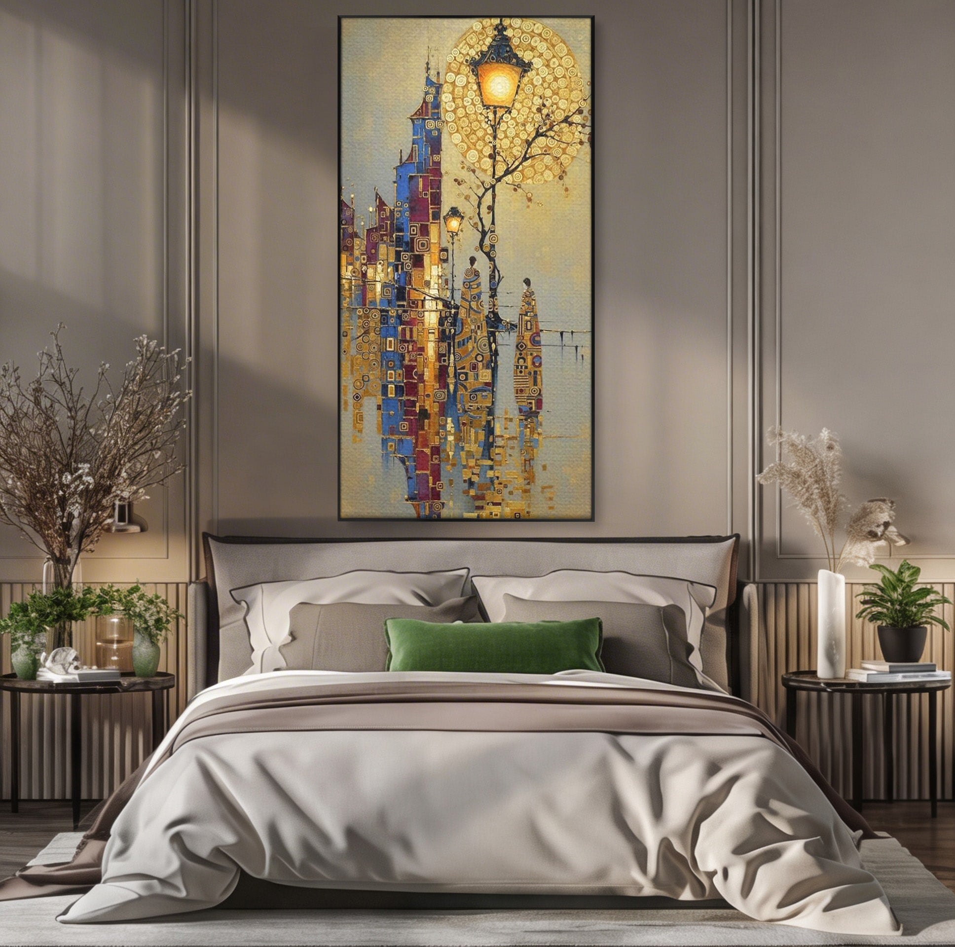 Tablou Canvas Premium LuxCanva® PI1380, Felinarul Viselor, Oras, Luna, Noapte, Peisaj Urban, Culori Vibrante, Living, Dormitor