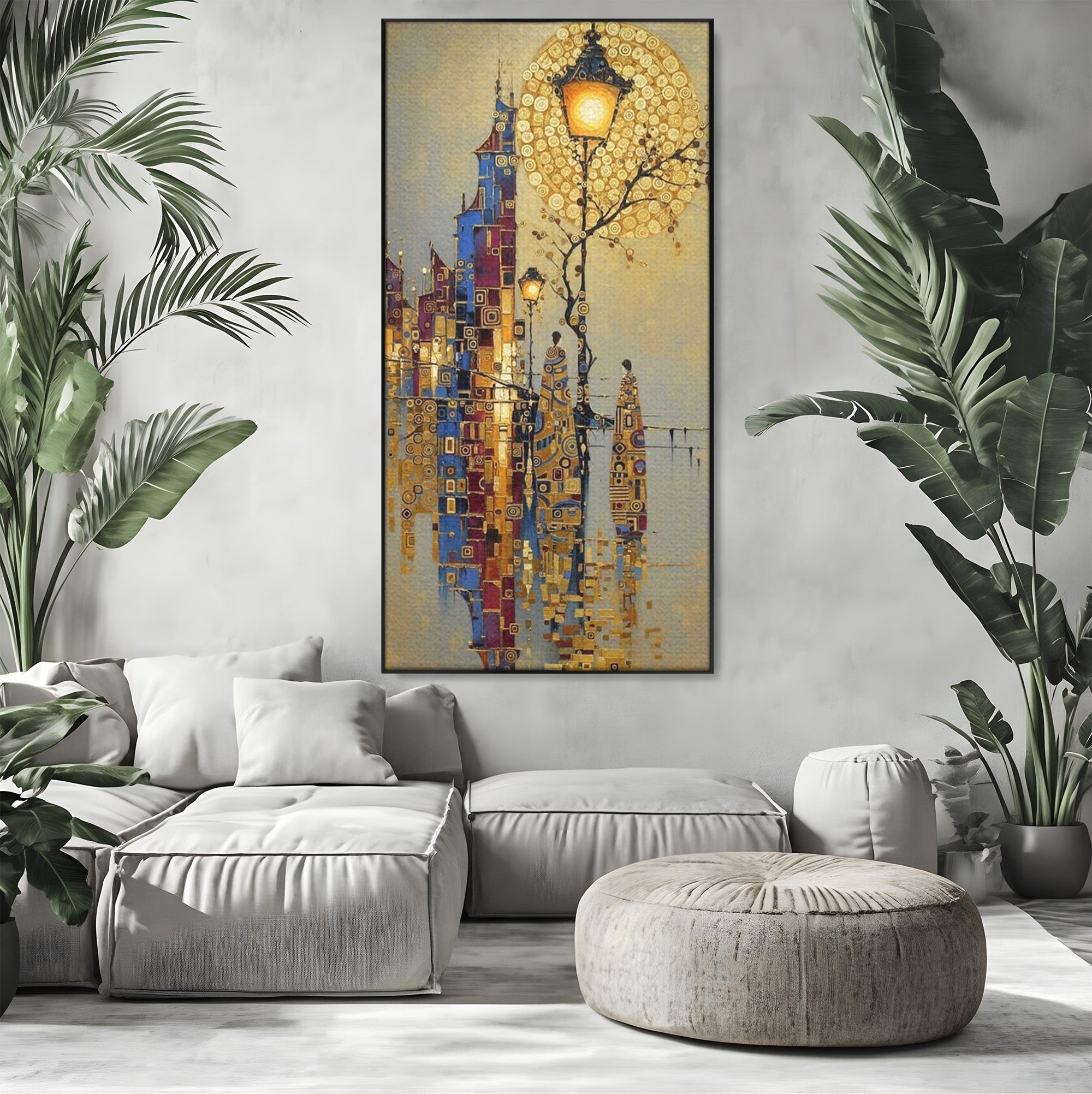 Tablou Canvas Premium LuxCanva® PI1380, Felinarul Viselor, Oras, Luna, Noapte, Peisaj Urban, Culori Vibrante, Living, Dormitor