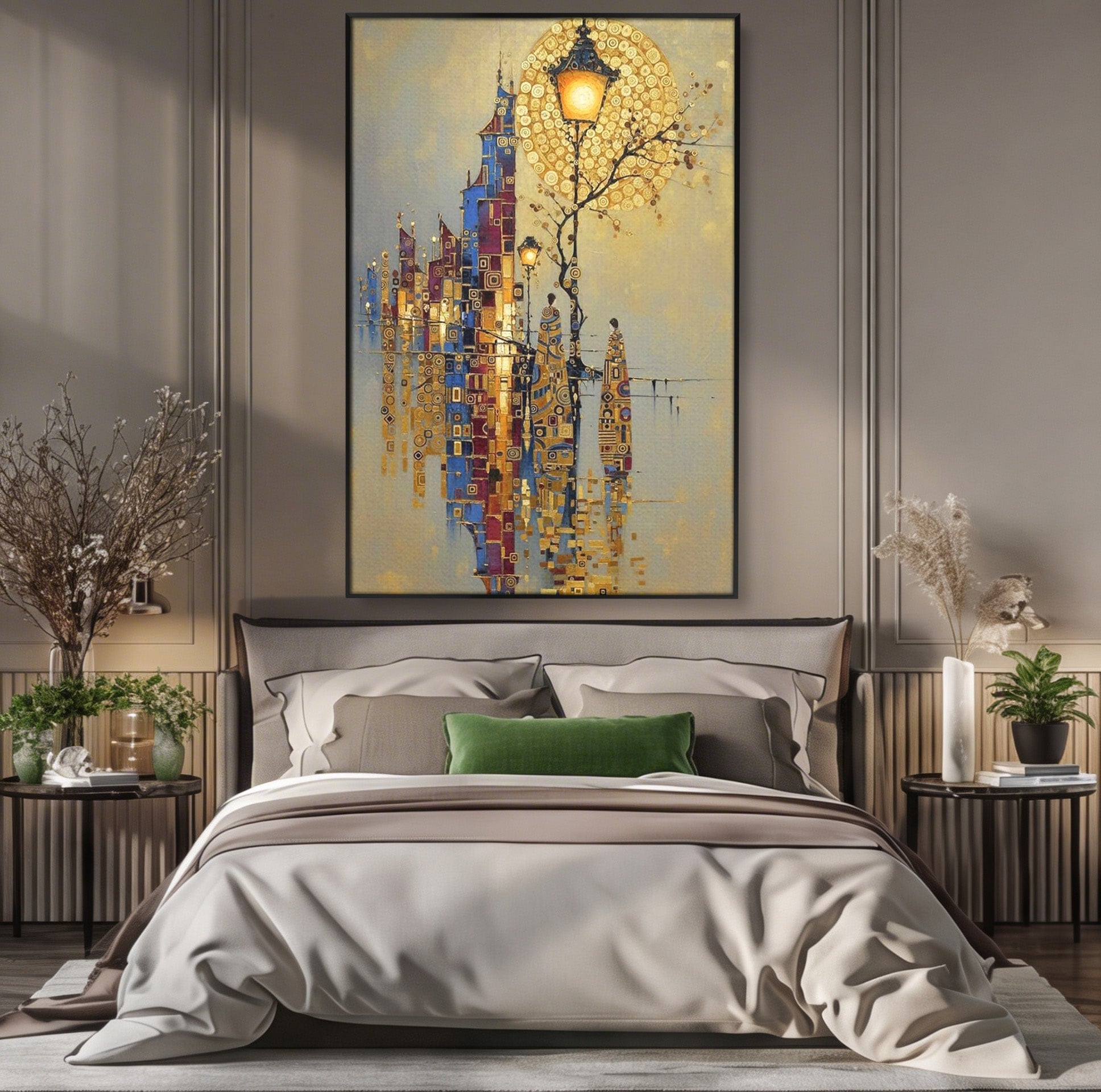 Tablou Canvas Premium LuxCanva® PI1380, Felinarul Viselor, Oras, Luna, Noapte, Peisaj Urban, Culori Vibrante, Living, Dormitor