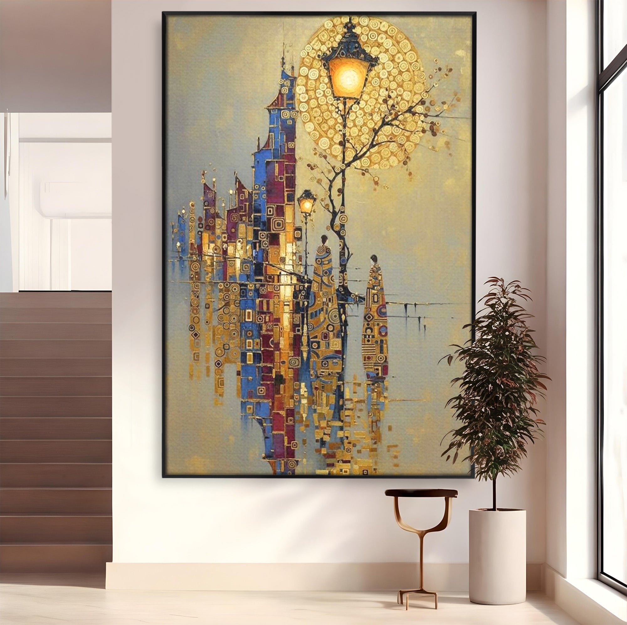 Tablou Canvas Premium LuxCanva® PI1380, Felinarul Viselor, Oras, Luna, Noapte, Peisaj Urban, Culori Vibrante, Living, Dormitor