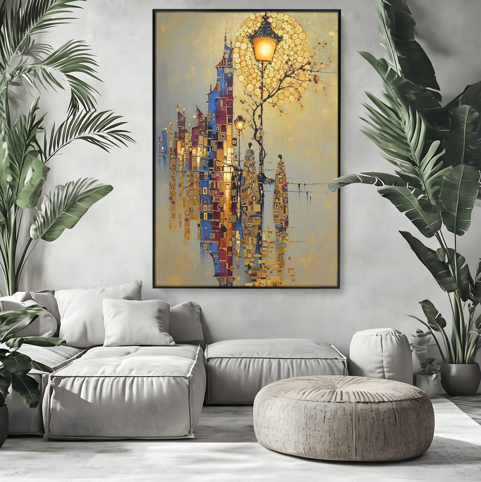 Tablou Canvas Premium LuxCanva® PI1380, Felinarul Viselor, Oras, Luna, Noapte, Peisaj Urban, Culori Vibrante, Living, Dormitor