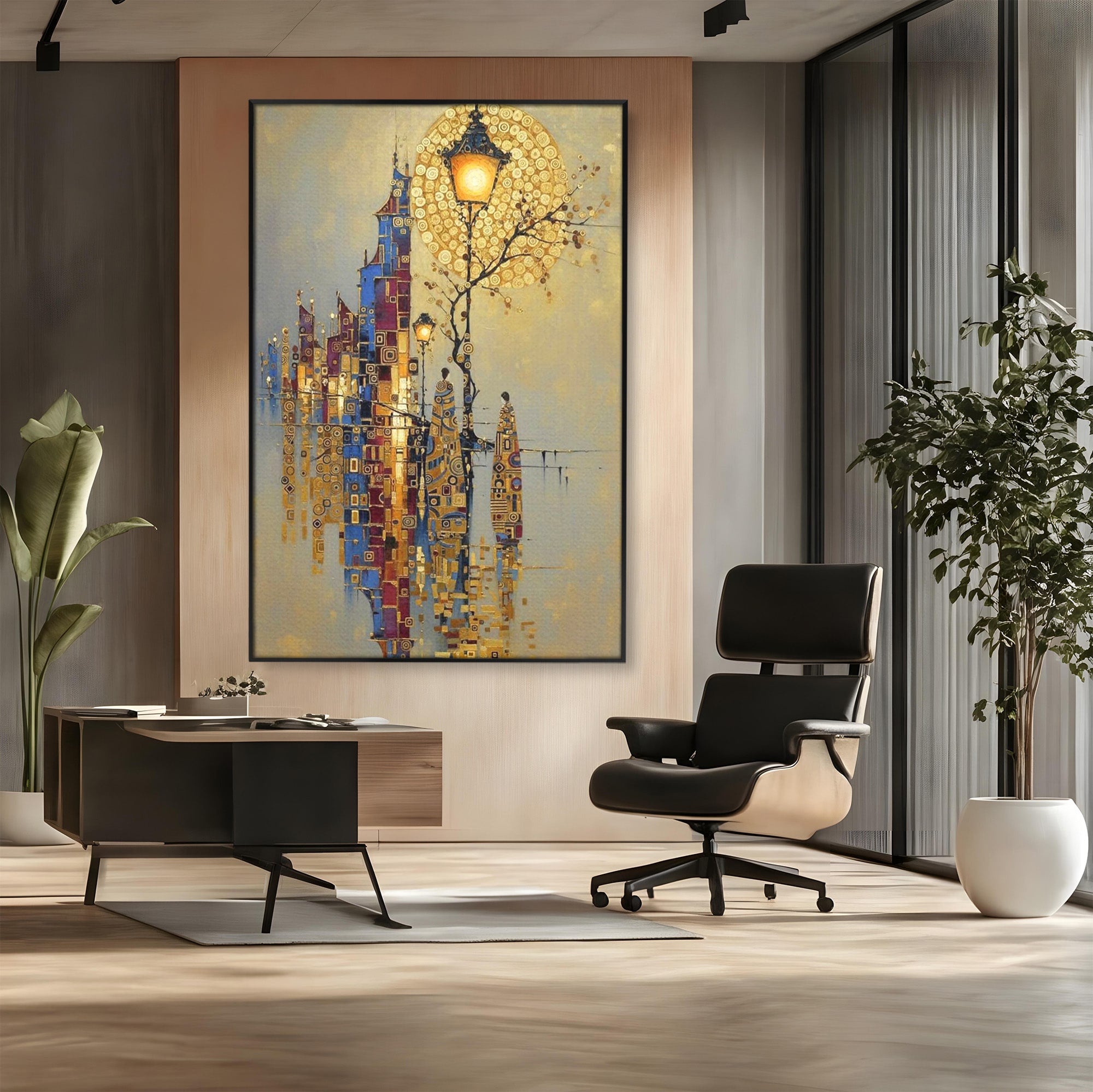 Tablou Canvas Premium LuxCanva® PI1380, Felinarul Viselor, Oras, Luna, Noapte, Peisaj Urban, Culori Vibrante, Living, Dormitor