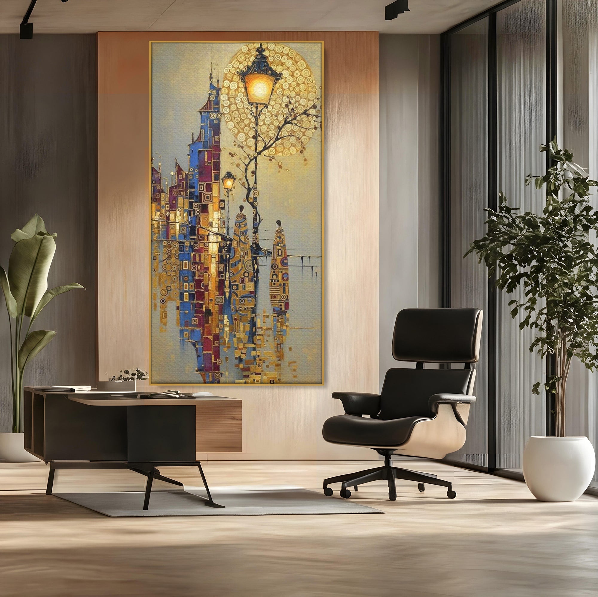 Tablou Canvas Premium LuxCanva® PI1380, Felinarul Viselor, Oras, Luna, Noapte, Peisaj Urban, Culori Vibrante, Living, Dormitor