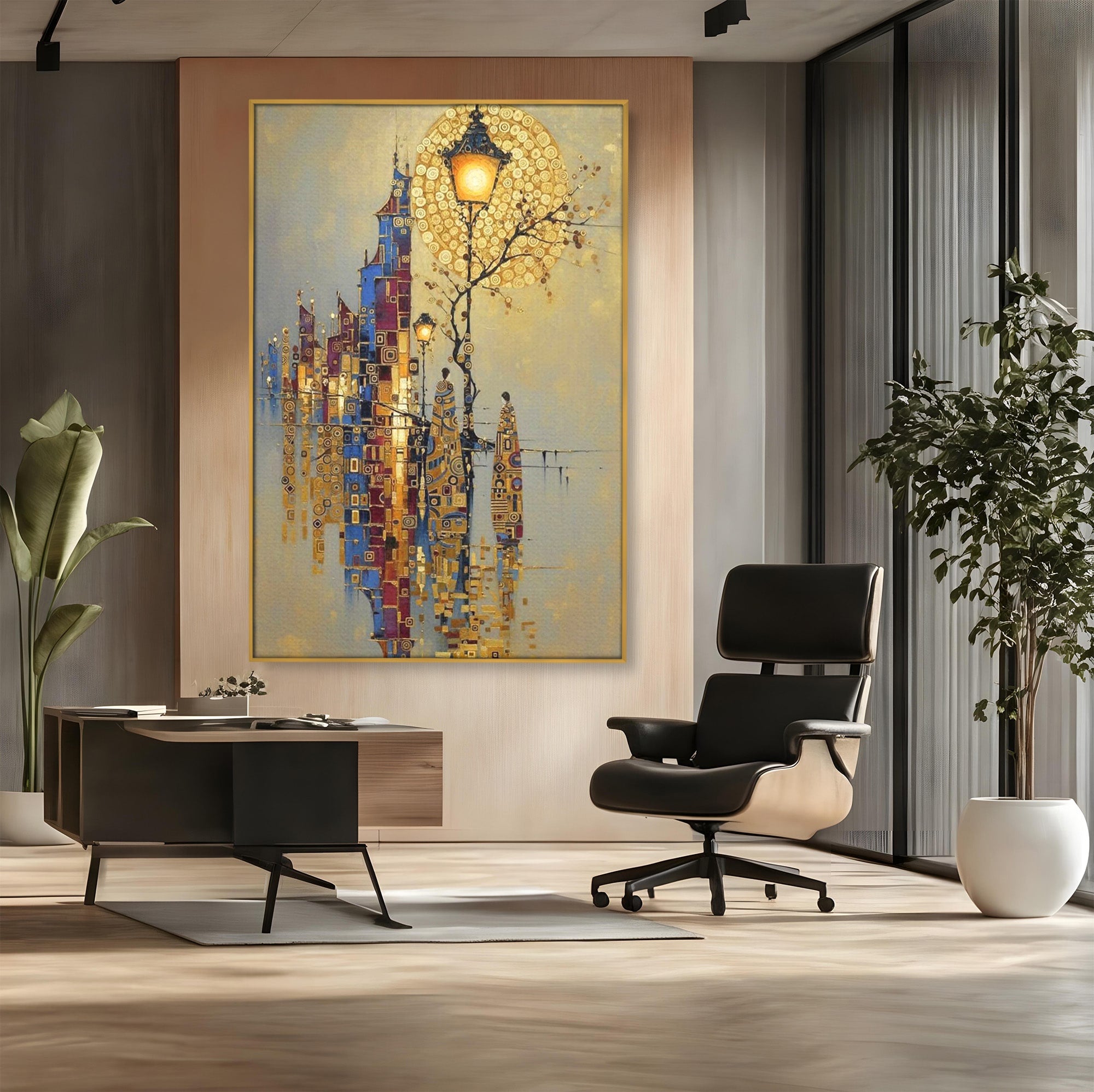 Tablou Canvas Premium LuxCanva® PI1380, Felinarul Viselor, Oras, Luna, Noapte, Peisaj Urban, Culori Vibrante, Living, Dormitor
