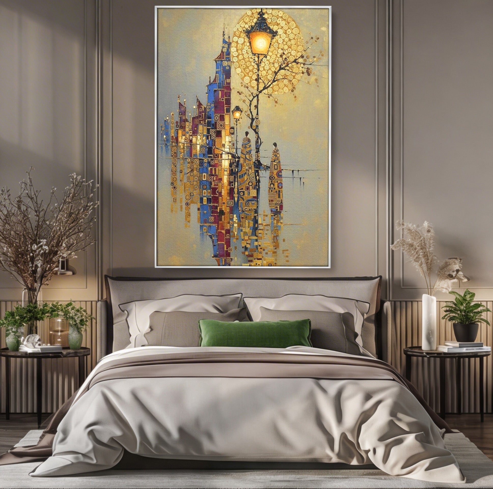 Tablou Canvas Premium LuxCanva® PI1380, Felinarul Viselor, Oras, Luna, Noapte, Peisaj Urban, Culori Vibrante, Living, Dormitor