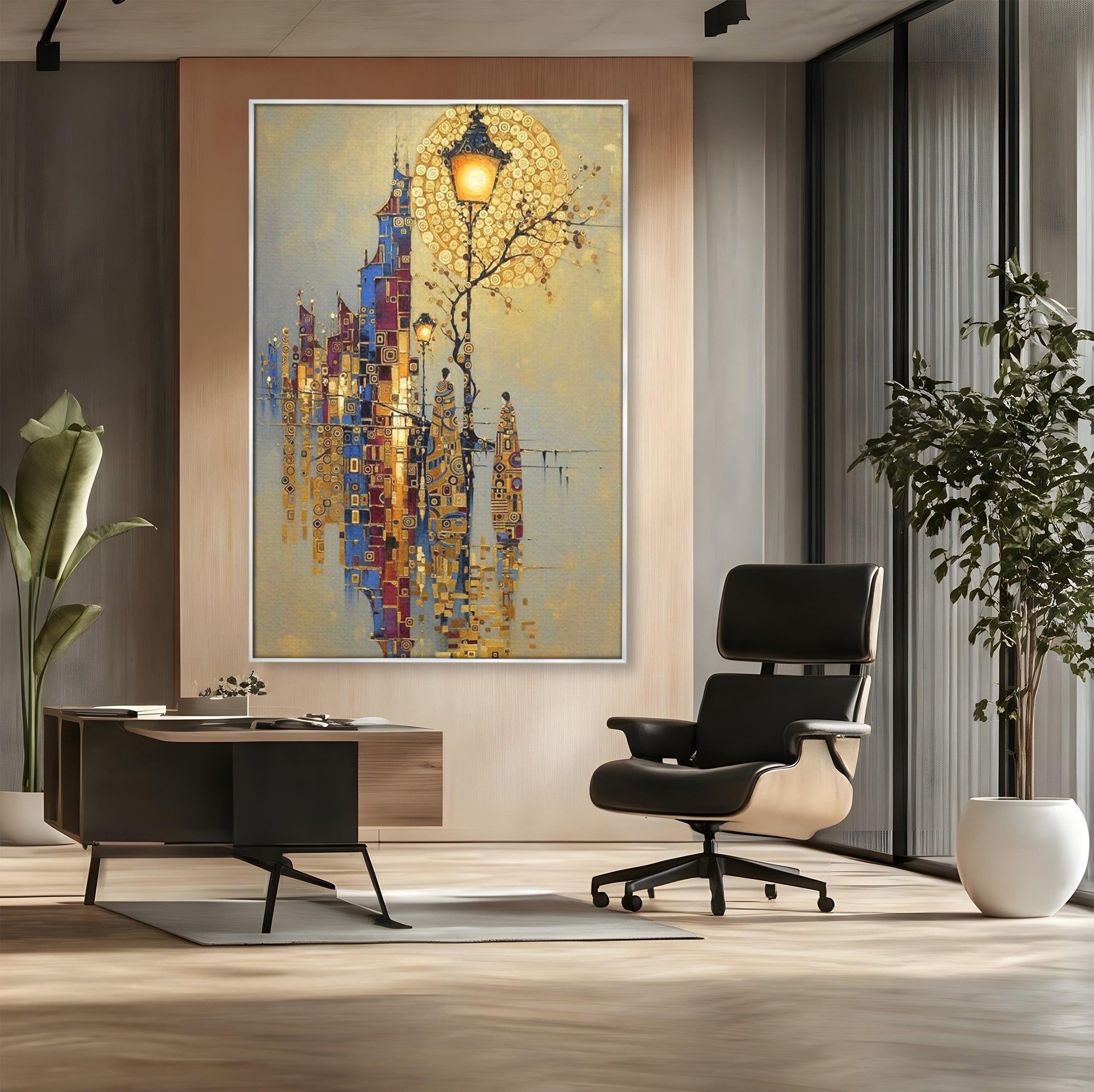 Tablou Canvas Premium LuxCanva® PI1380, Felinarul Viselor, Oras, Luna, Noapte, Peisaj Urban, Culori Vibrante, Living, Dormitor