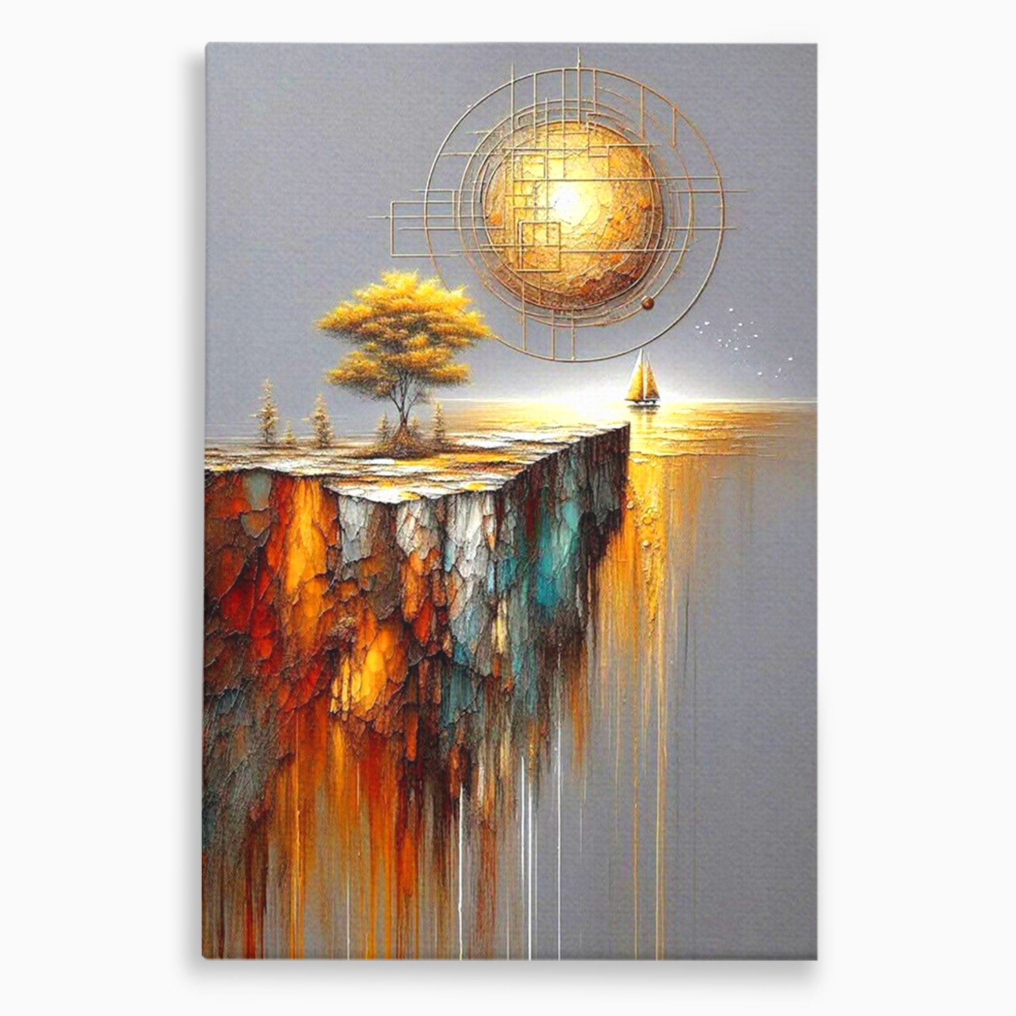 Tablou Canvas Premium LuxCanva® PI1381, Dincolo de Orizont, Apus, Stanca, Copac, Taram, Abstract, Culori Vibrante, Living, Dormitor
