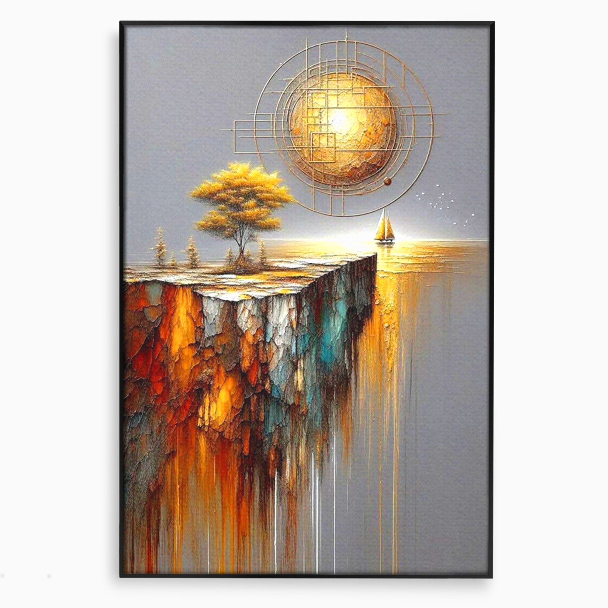 Tablou Canvas Premium LuxCanva® PI1381, Dincolo de Orizont, Apus, Stanca, Copac, Taram, Abstract, Culori Vibrante, Living, Dormitor