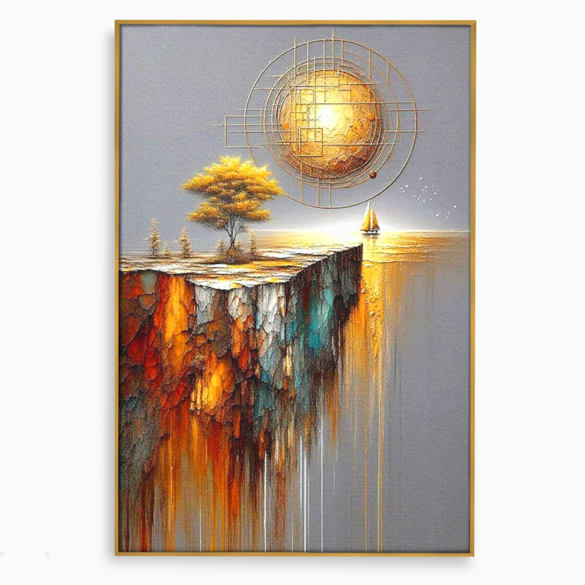 Tablou Canvas Premium LuxCanva® PI1381, Dincolo de Orizont, Apus, Stanca, Copac, Taram, Abstract, Culori Vibrante, Living, Dormitor